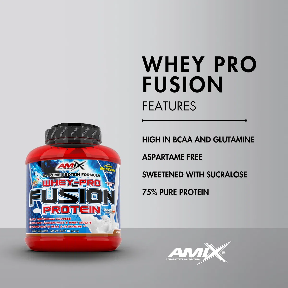 AMIX - Proteína Whey - Pure Fusion - 2,3 Kg - Concentrado de Suero Ultra Filtrado - Proteína Isolada con Splenda - Contiene L-glutamina - Proteínas para Aumentar Masa Muscular - Sabor Chocolate