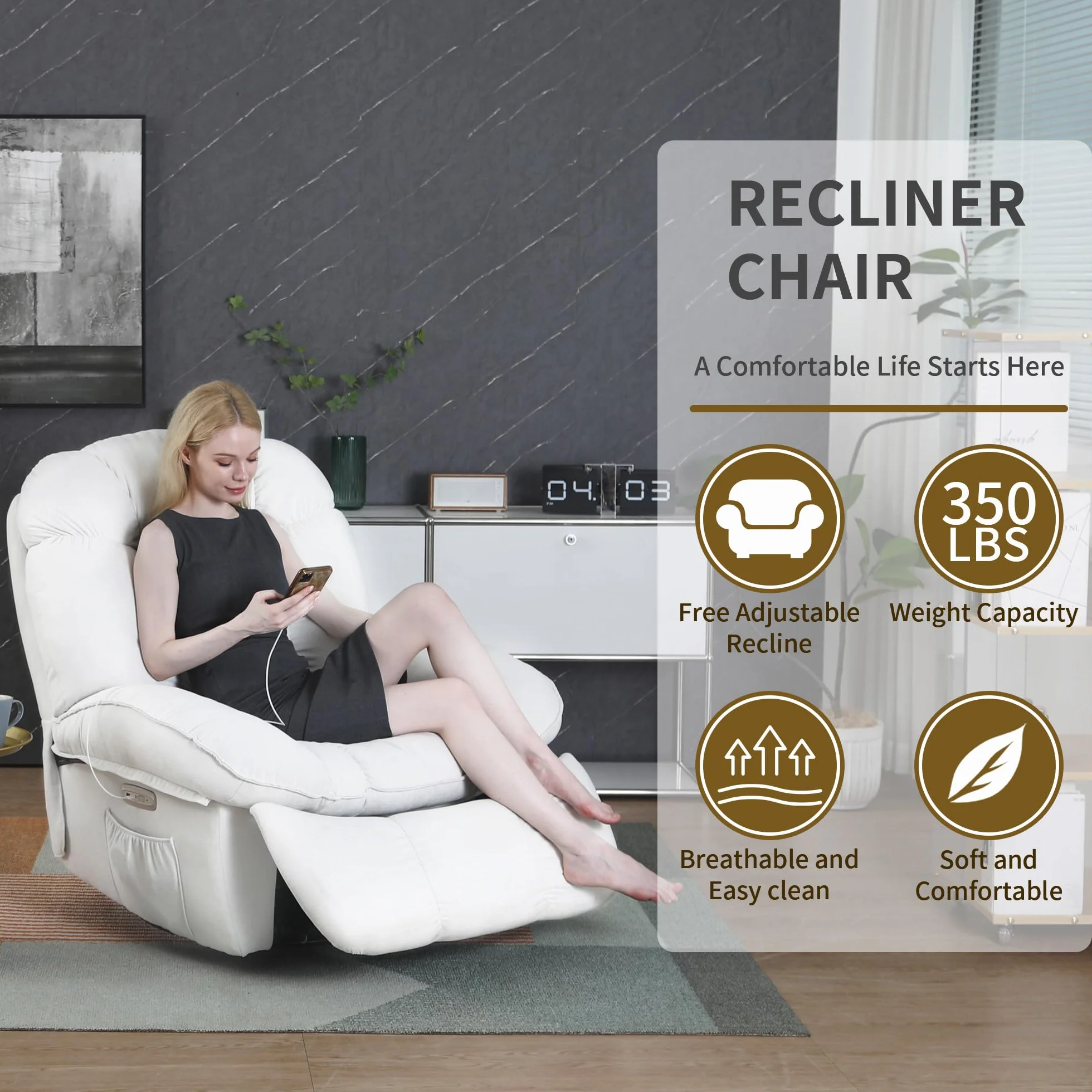 Sillón Relax Reclinable Eléctrico con Calefacción y Puertos USB-C, Blanco