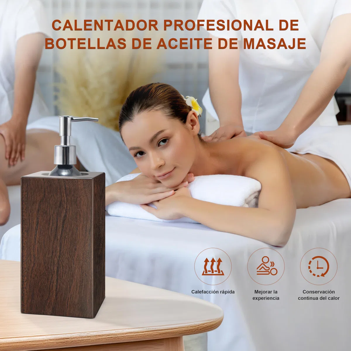 Calentador de aceite de masaje Spa en el Salón de belleza calentador de emulsión de nuez de madera maciza calentador de masaje control automático de temperatura 2 botellas metálicas