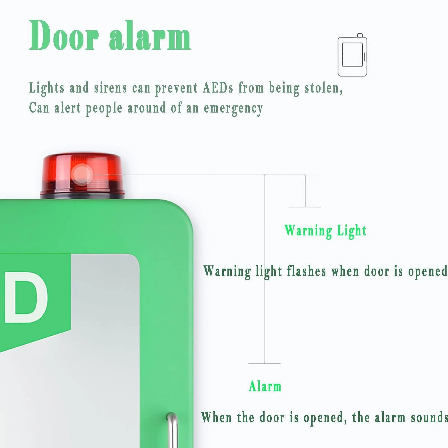 Caja de alarma desfibrilación cardíaca montada en pared, gabinete almacenamiento DEA con luz y alarma, interruptor doble, estuche primeros auxilios