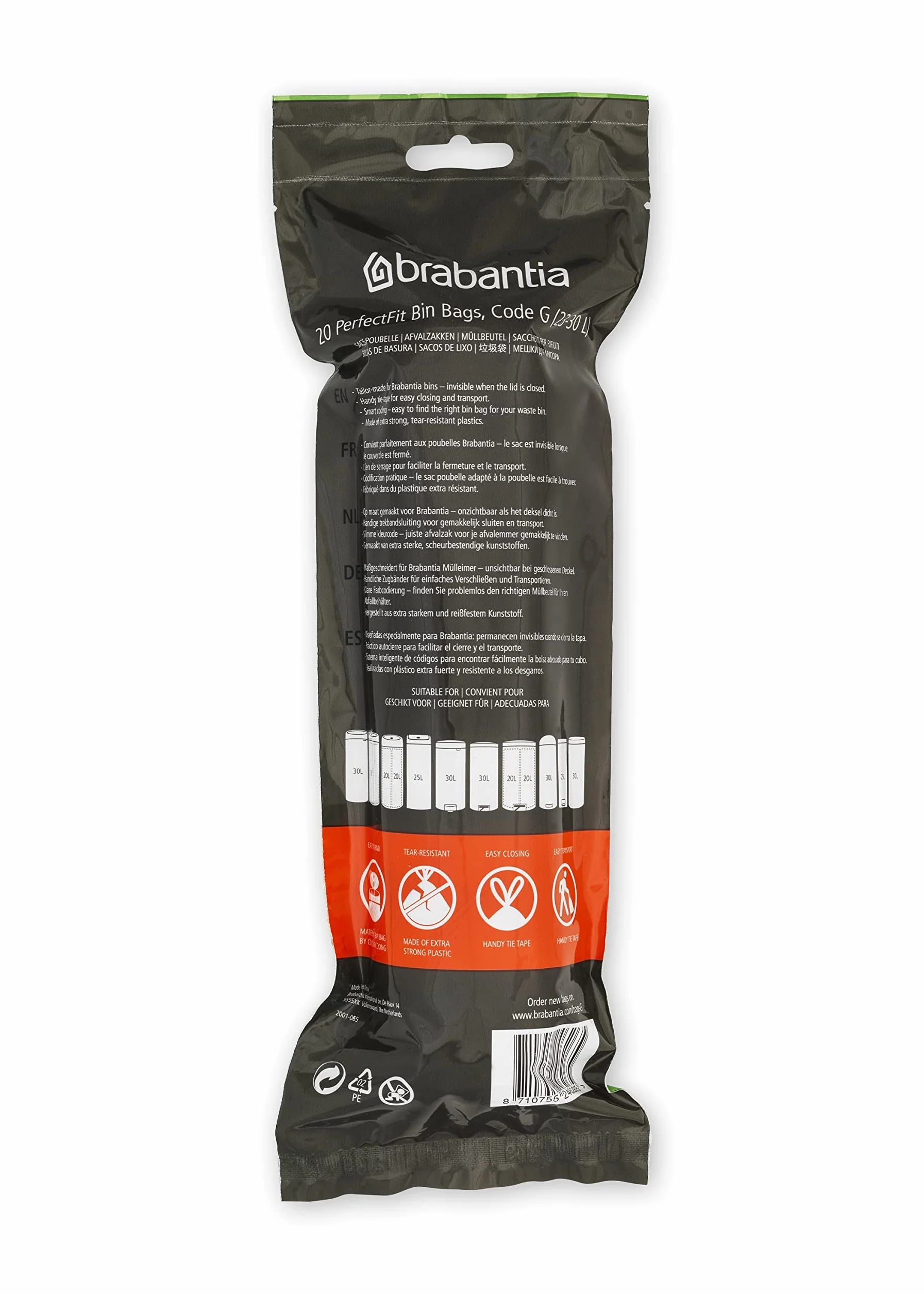 Brabantia Bolsas de Basura PerfectFit 23-30L 120 Bolsas con Cinta de Cierre