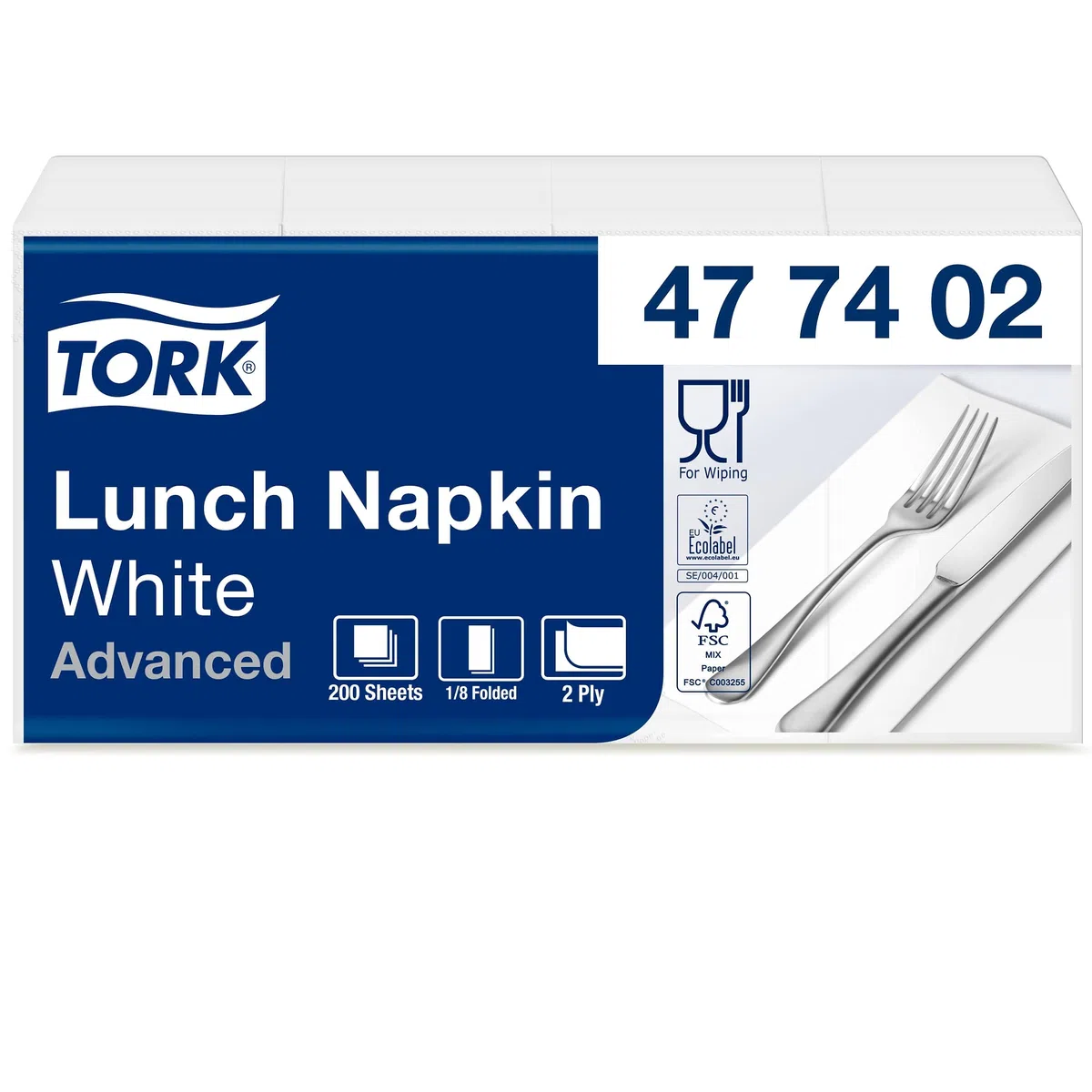 Tork 477402 Soft Lunch/Servilletas para almuerzo de dos capas/plegado americano 1/8 / color blanco / 10 paquetes x 200 unidades (2000 servilletas)/ 33 cm x 33 cm/Advanced