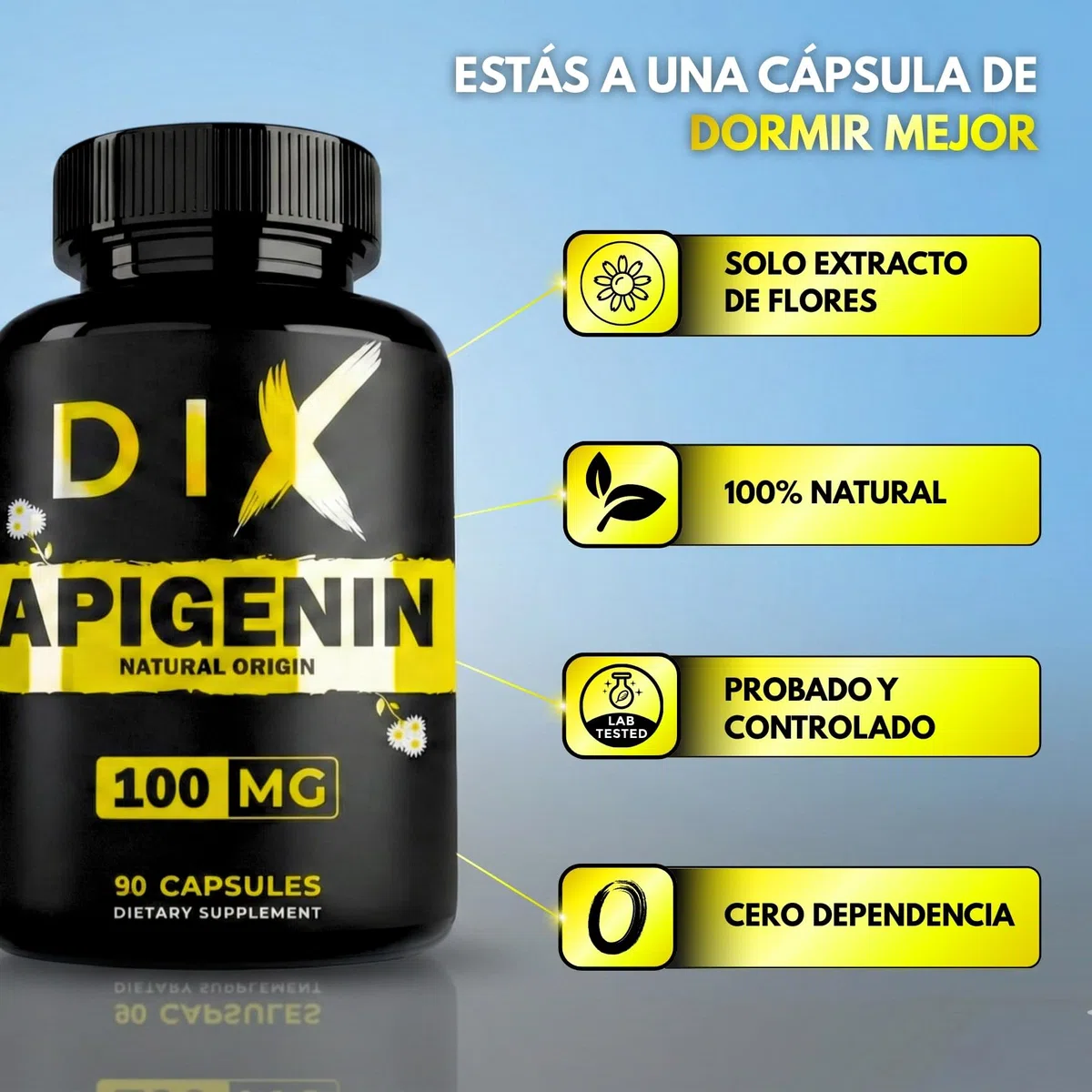 Apigenina Pura ✦ Extracto de Manzanilla ✦ Relajación & Sueño Reparador ✦ Antioxidante & Longevidad ✦ Potencia el NAD+ ✦ 100% Natural & Sin Aditivos ✦ Empresa Francesa ✦