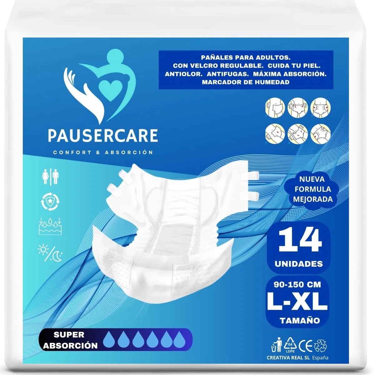 PAUSERCARE Pañales Adulto Unisex | Super Absorbentes Para Incontinencia | Hombres & Mujeres | 14 Unidades Desechables | Máxima Absorción Día y Noche (TALLA L-XL)