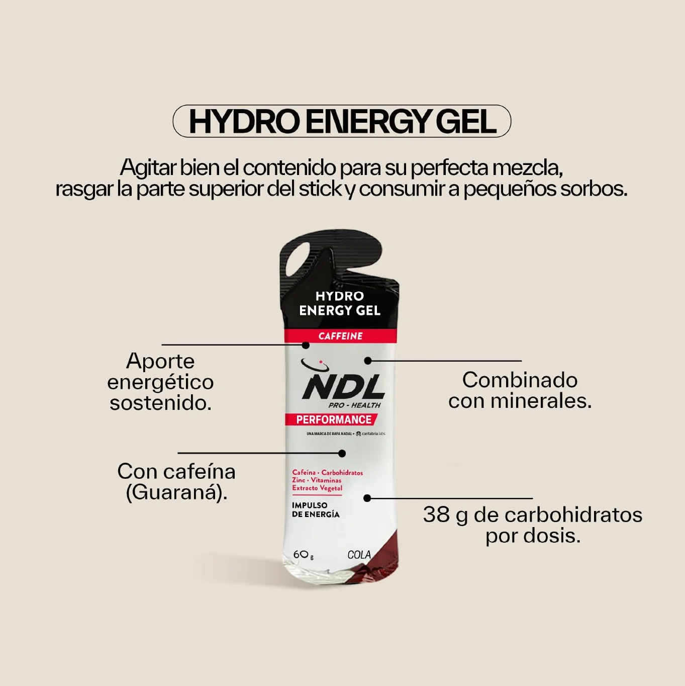NDL Pro-Health Hydro Energy Gel 12x60g Gel Energético con Carbohidratos y Sales Minerales Cafeína