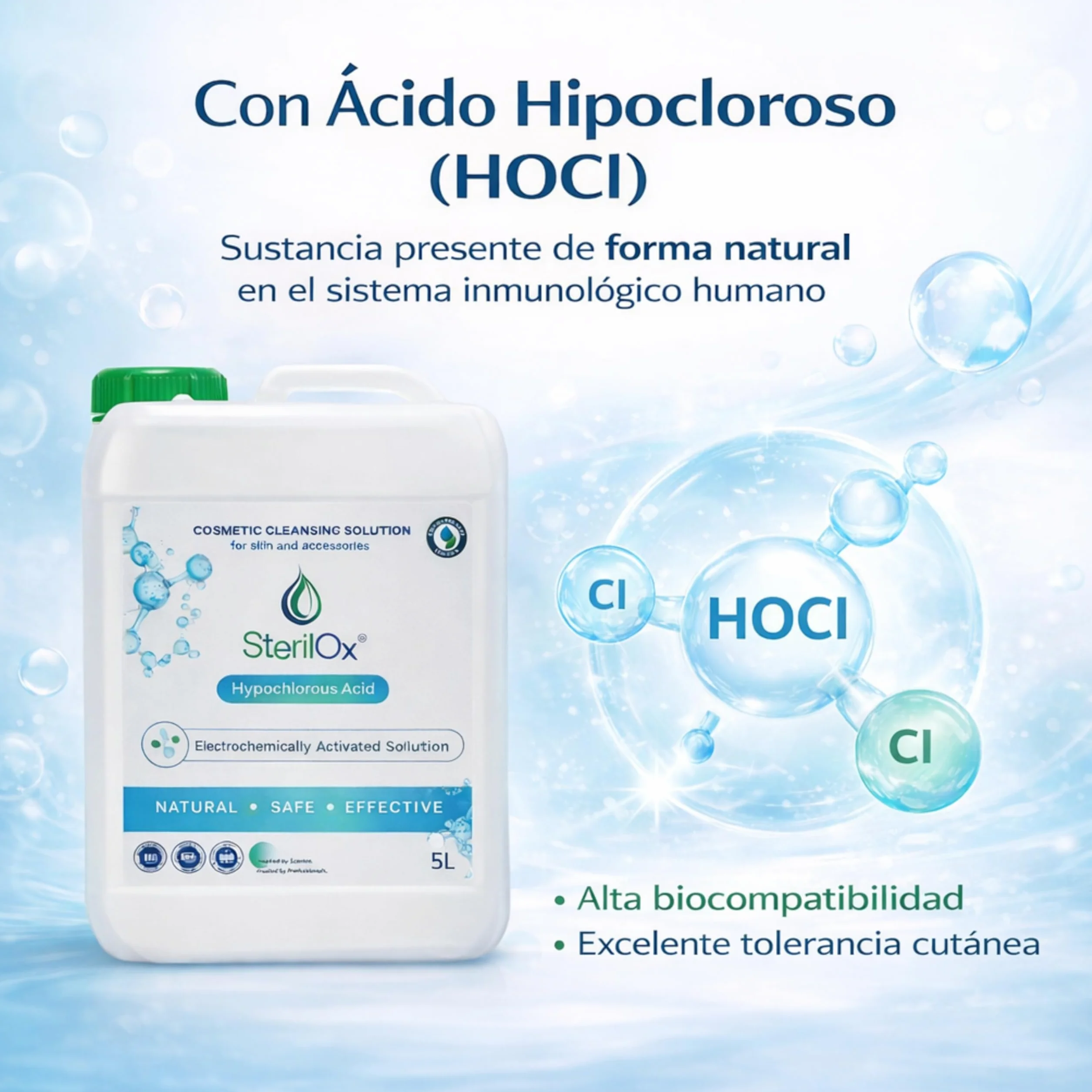 5L Solución Cosmética de Limpieza Higiénica para Piel y Superficies – Ácido Hipocloroso (HOCl), Sin Alcohol, Sin Perfume, Sin Aclarado, Uso Profesional y Doméstico