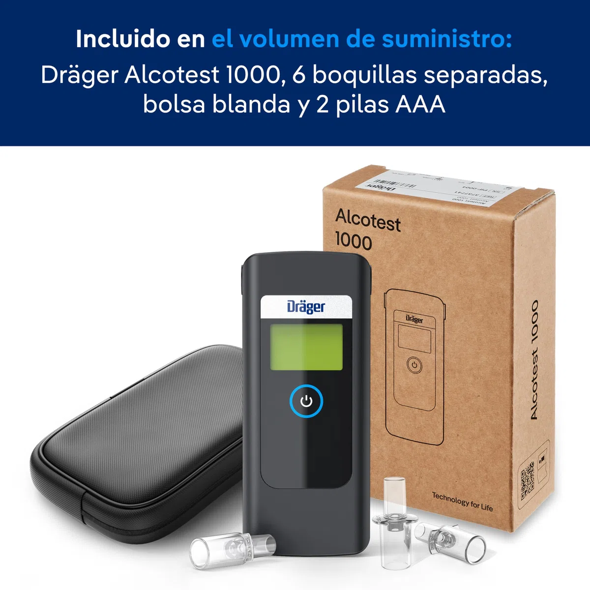 Dräger Alcotest 1000 Alcoholímetro Homologado con Sensor Avanzado – Tester Digital, Portátil para Coches, Hogar y Trabajo, Control de Alcohol con Resultados Rápidos y Boquillas Reutilizables