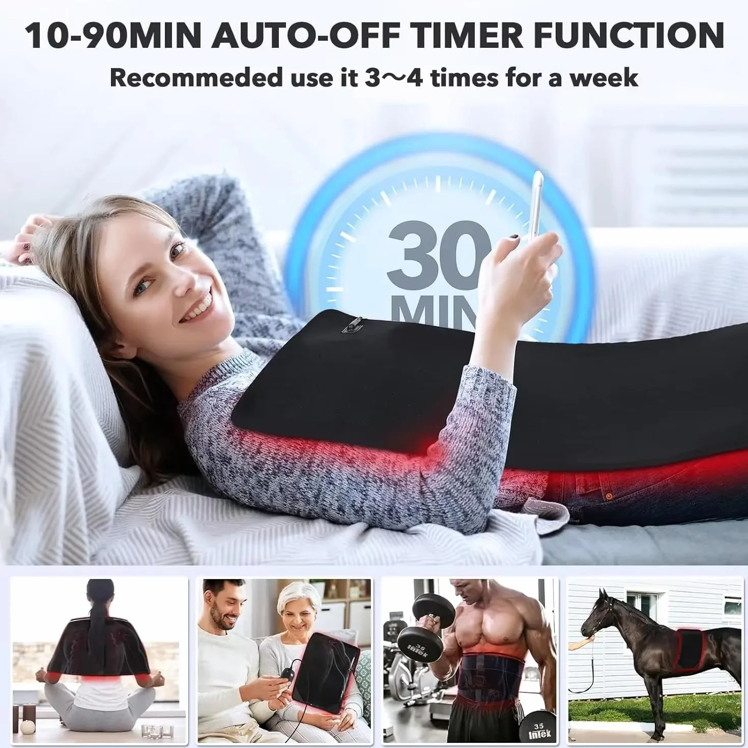 Manta Terapia Luz Roja 360LEDs (660 nm & 850 nm) Infrarroja Cuerpo Entero Alivio del Dolor, Recuperación Muscular y Relajación para hombros, cintura y todo cuerpo Alfombrilla terapia luz roja