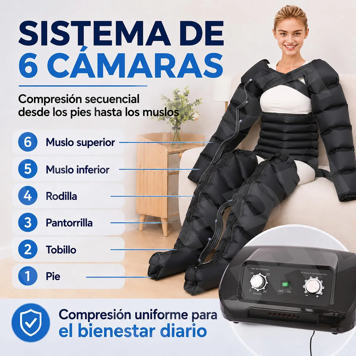 Presoterapia para Casa Abdomen y Piernas, Maquina Botas Aparato Presoterapia Profesional Pierna, 6 camaras Masajeador Circulación (Negro Piernas+Abdomen+Brazos, L+10CM Banda Ancha)