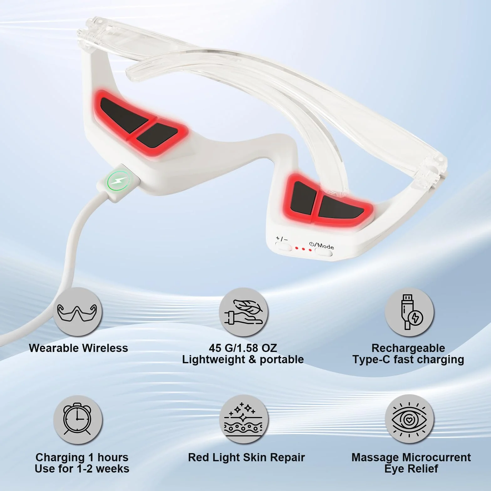 Gafas de Terapia de Luz Roja para Ojos, Dispositivo contra Ojeras, Bolsas & Fatiga, Masajeador Ocular LED Recargable 3 Modos, Regalo de Belleza Portátil para Mujer/Hombre