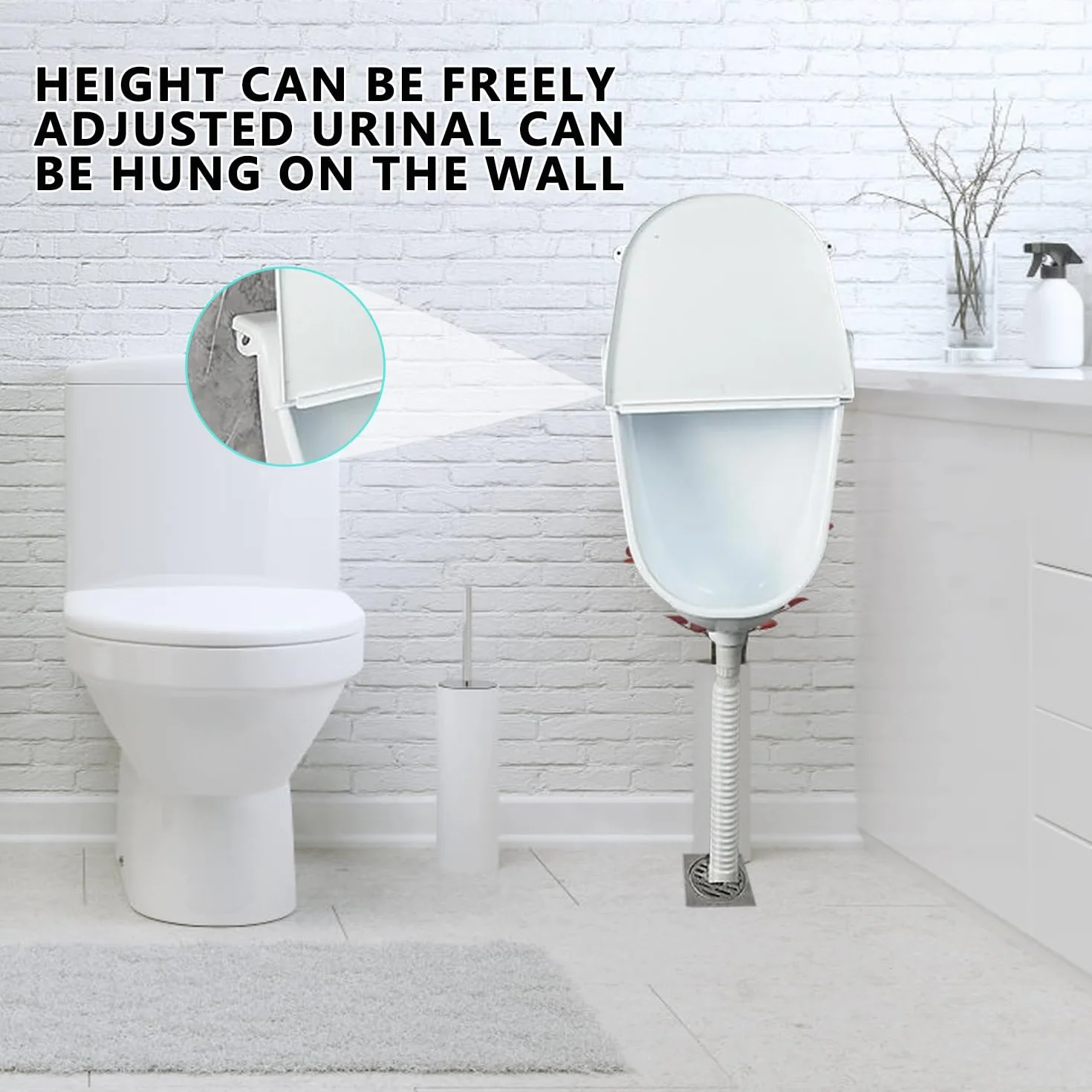 Orinal de plástico con tapa, Orinal para hombres montado en pared pissoir WC set, Orinal sin perforar para casa, garaje, jardín, camping y construcción Blanco