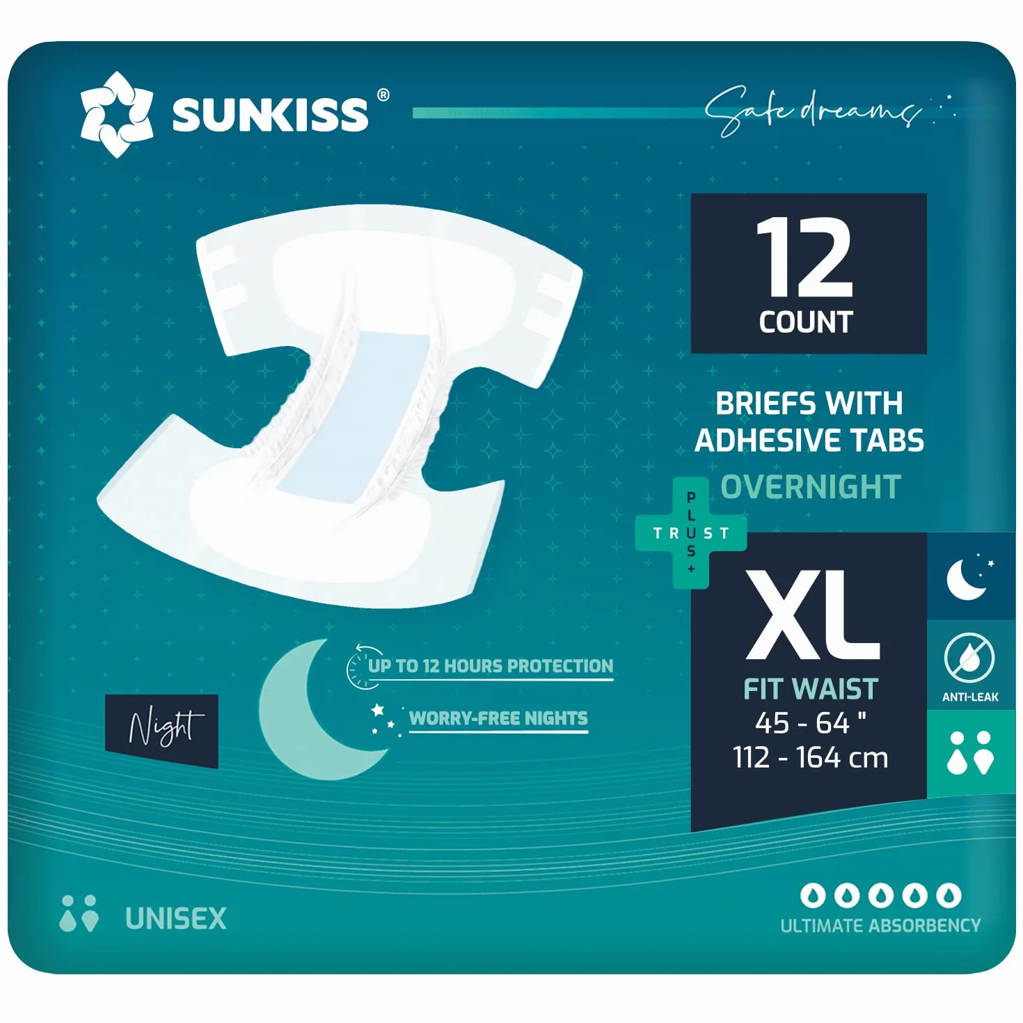 SUNKISS TrustPlus Pañales para Adultos Durante la Noche con Máxima Absorción, Bragas Absorbentes Unisex para Incontinencia, Mujeres y Hombres, Control de Olores, Talla XL, 12 Unidades