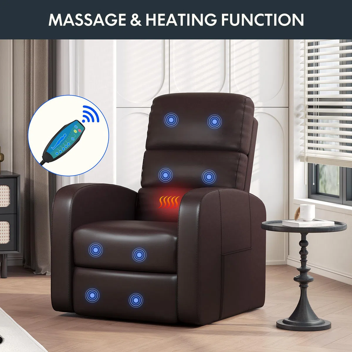 FLEXISPOT Sillón de Masaje Eléctricos Calor Sillón Reclinable 140º con 8 Zonas de Masaje, Calor Lumbar, con USB/Bolsillo Lateral, Acabado en PU Anti-Cuarteo (Incluye Mando)-Marrón