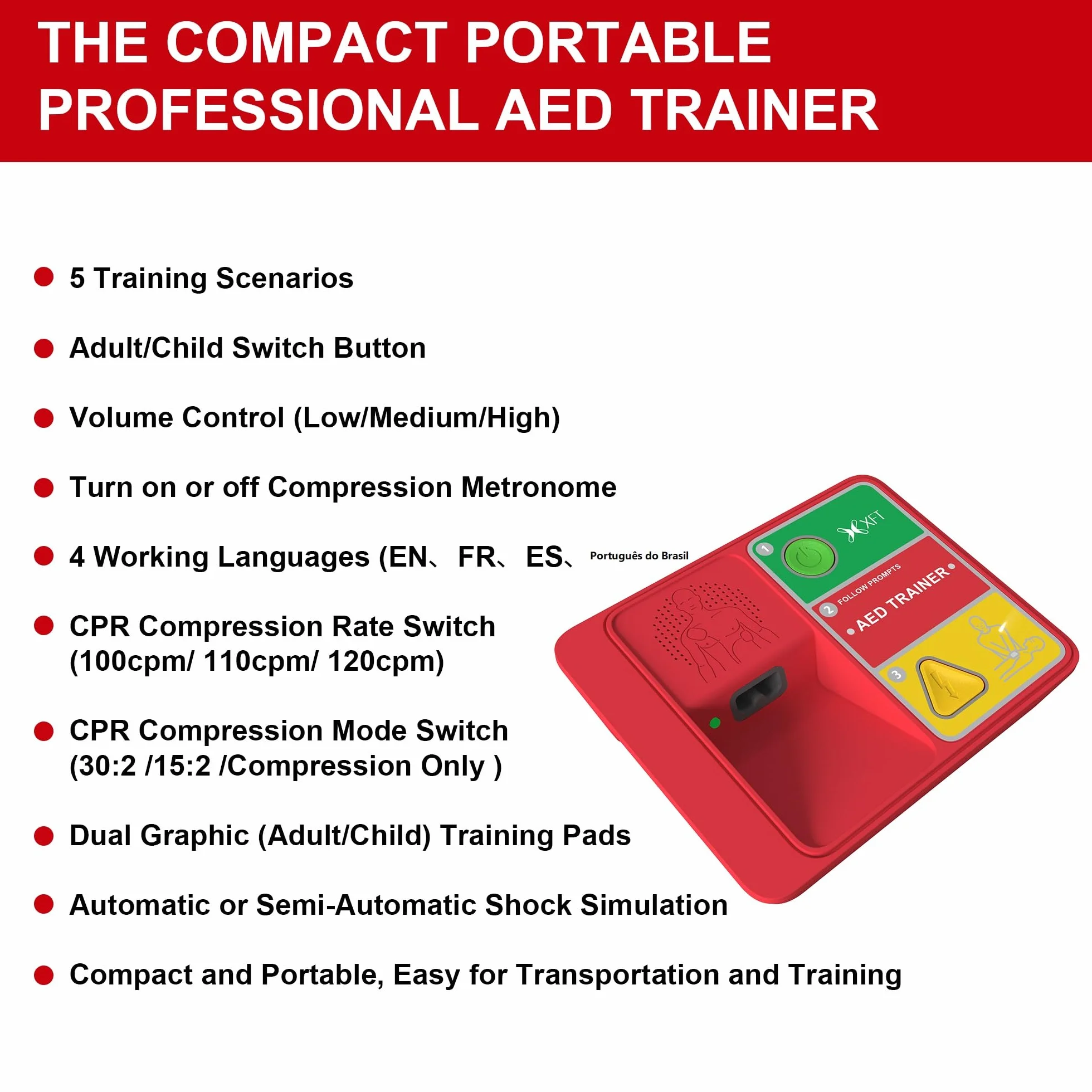 XFT-120N Desfibrilador de Entrenamiento 5 Escenarios Voz Español Portugués Inglés Francés 30:2 15:2