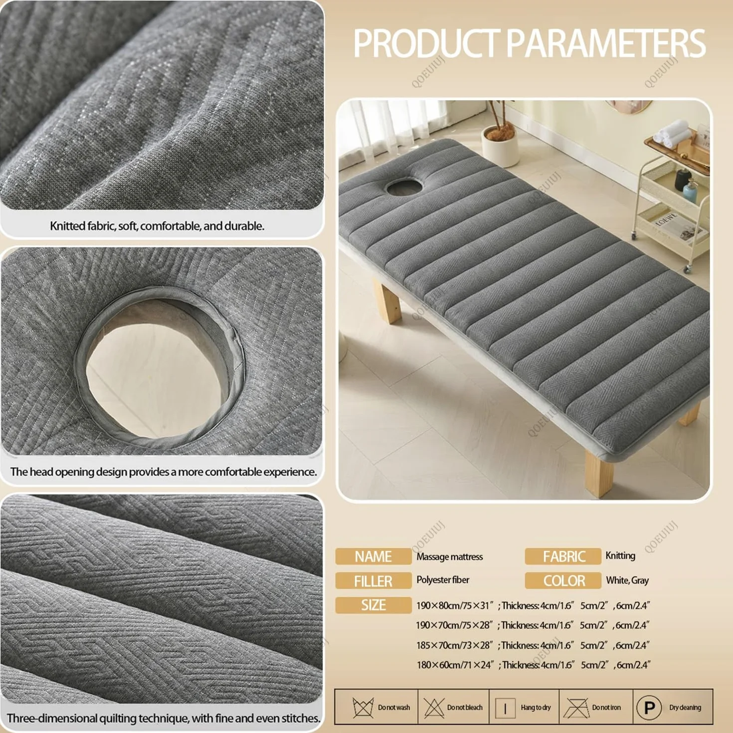 Colchón para Camilla de Masaje con Agujero Facial 180x60x6cm Espuma Alta Densidad Gris