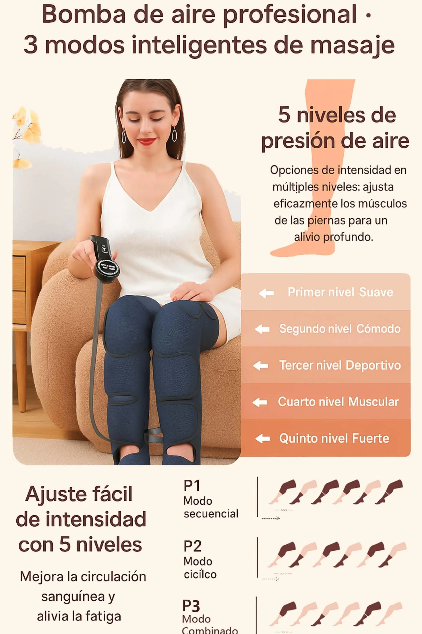 Masajeador de Piernas con Compresión de Aire, Calor y 3 Modos Inteligentes, 5 Niveles, Presoterapia