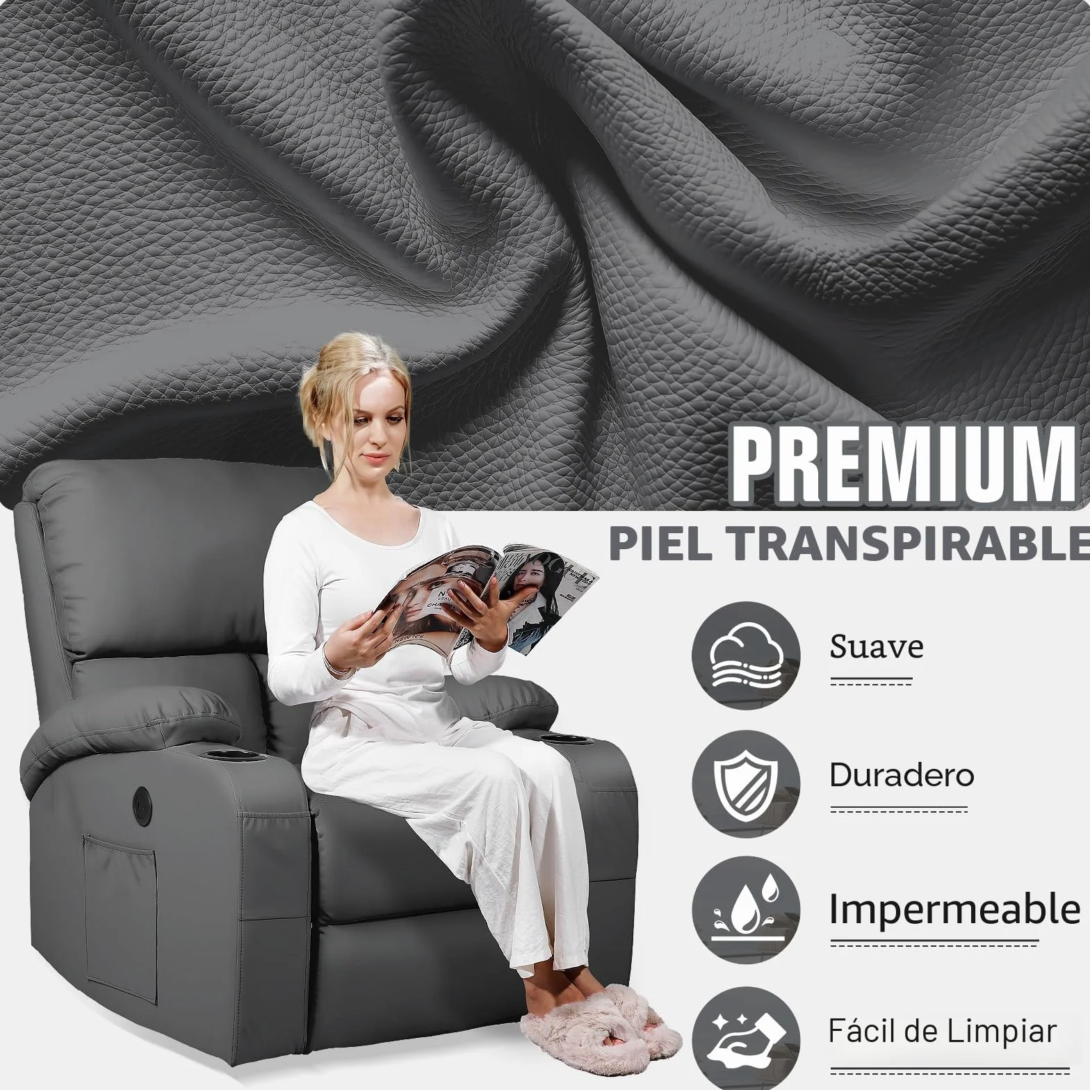 Sillón de Masaje Reclinable Rocking con Vibración y Calor, Giratorio 360°, Piel Sintética, Gris Oscuro