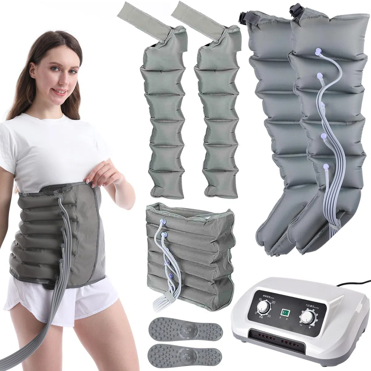 Botas Presoterapia Para Casa Abdomen Y Piernas | Masajeador De Piernas Cansadas Circulación Presoterapia Profesional | Drenaje Linfatico Piernas Máquina De Masaj (Grey, 2 Legs+2 Arms+1 Waist)