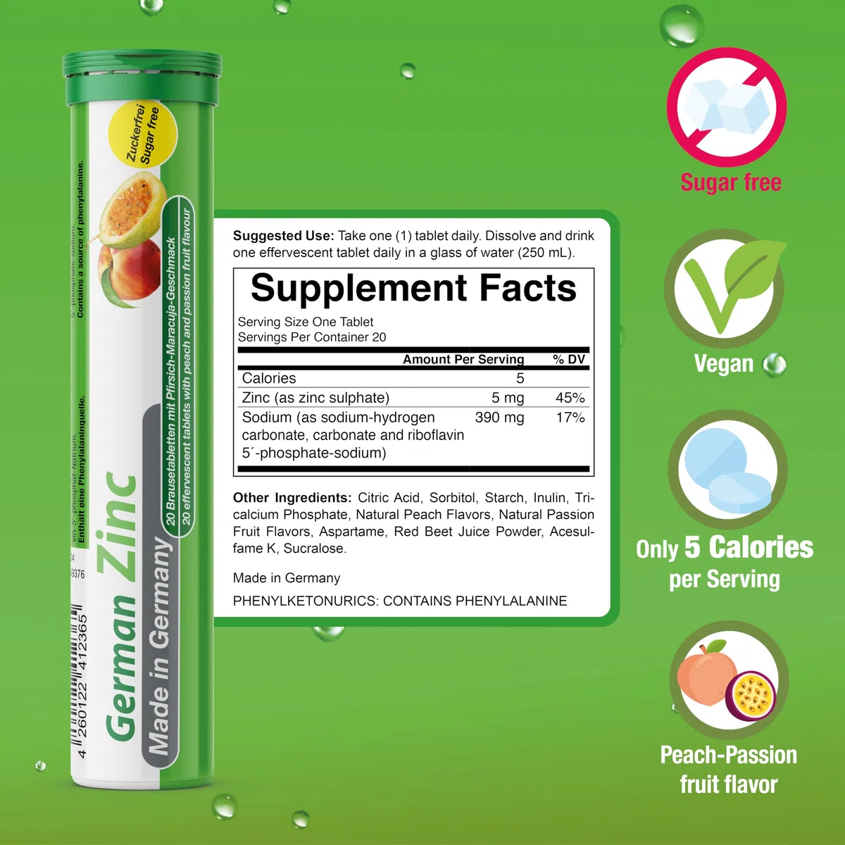 Comprimidos efervescentes de zinc 12x20 = 240 uds. Sabor melocotón y maracuyá – 5 mg de zinc sin azúcar – T&D Pharma German Zinc – Made in Germany
