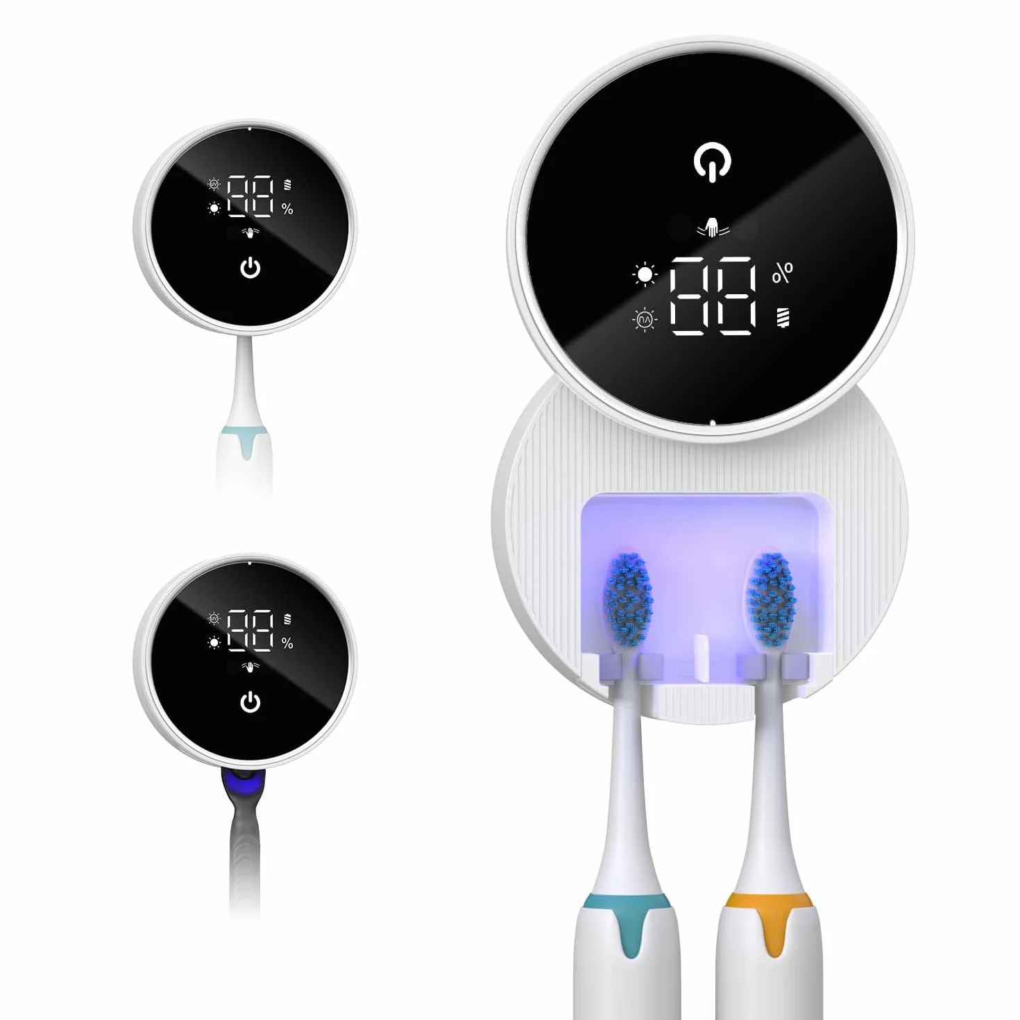 Desinfectante y soporte para cepillos de dientes UV, desinfectante para cepillo de dientes montado en la pared con función de esterilización y secado, pantalla inteligente LED, cubierta autoinductiva