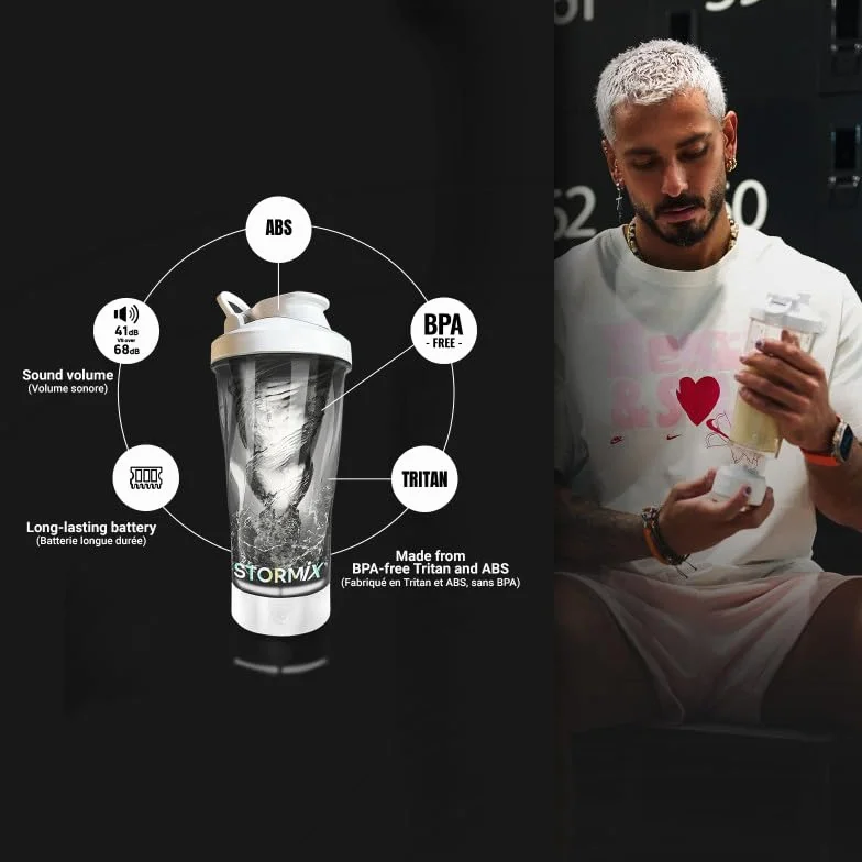 STORMIX – Mezclador de Proteinas eléctrica | Textura untuosa | Preparación homogénea para proteínas, pre workout | Capacidad 700 ml | Tritan & ABS, sin BPA | Bajo volumen sonoro | Recargable USB