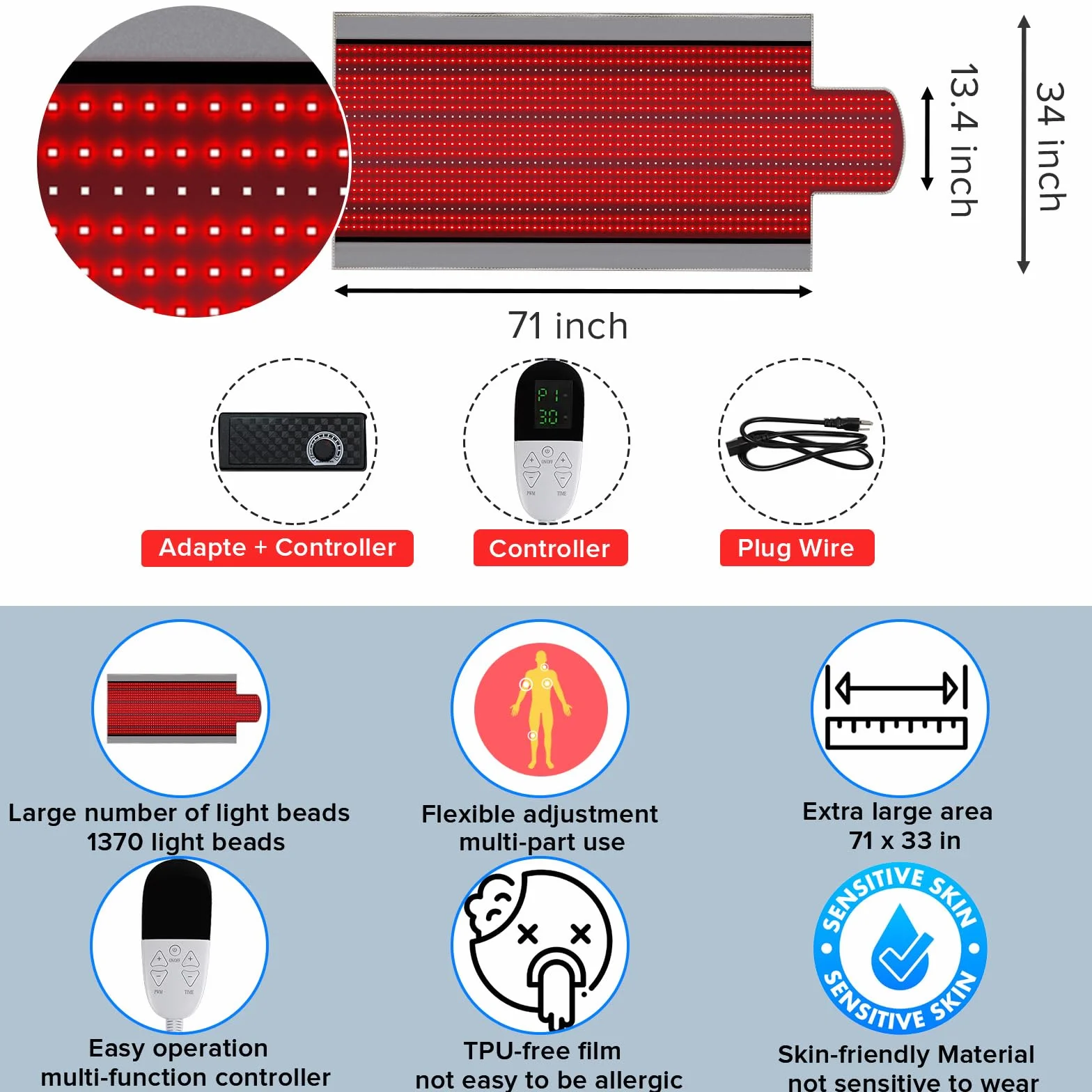 Tapete de terapia de luz roja para todo el cuerpo, tapete entero de 71 x 34 pulgadas, manta roja, 660 nm 850 nm infrarrojo cercano
