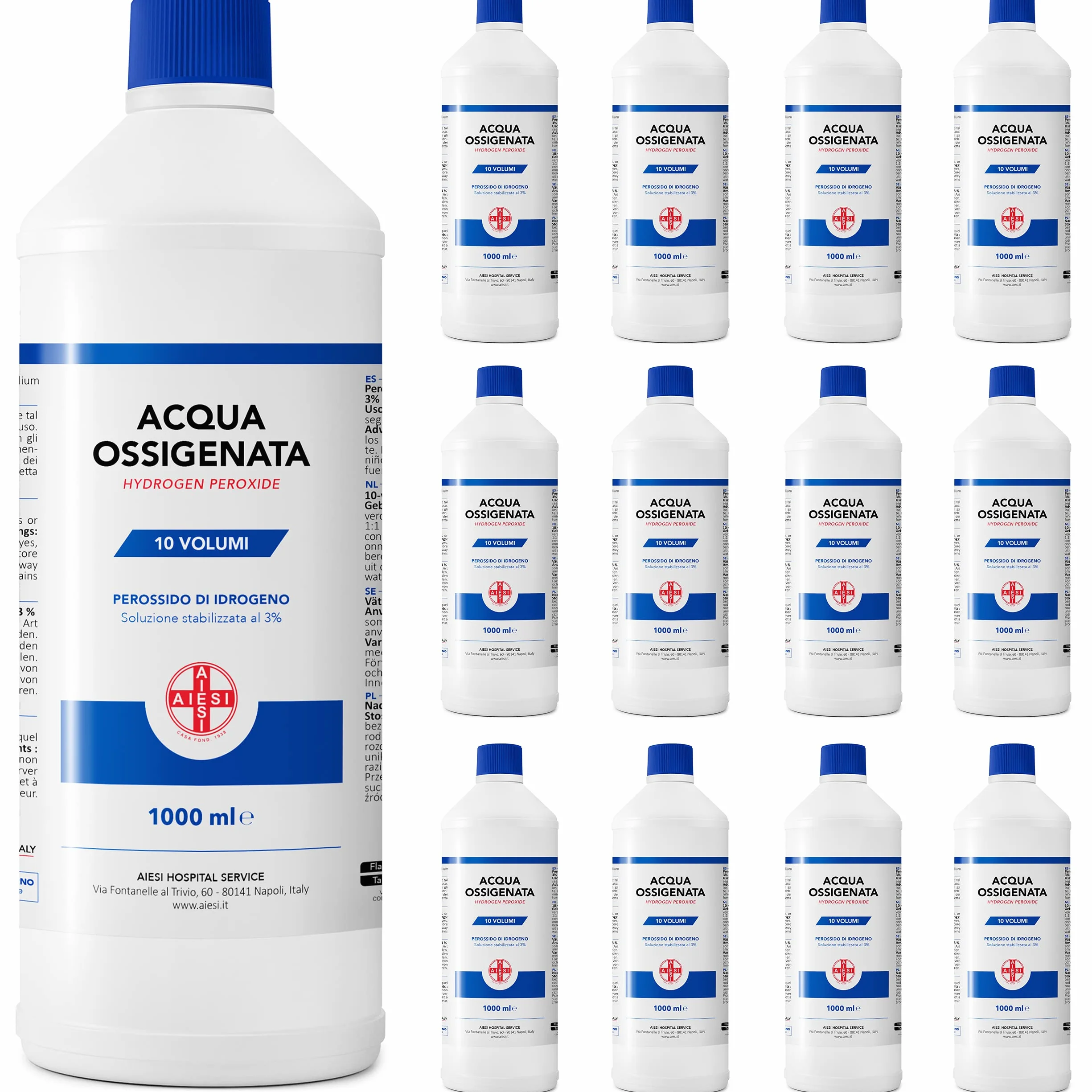 AIESI® Agua Oxigenada Ph.Eur. desinfectante (12x1000 ml) con tapa de seguridad para niños, Made in Italy