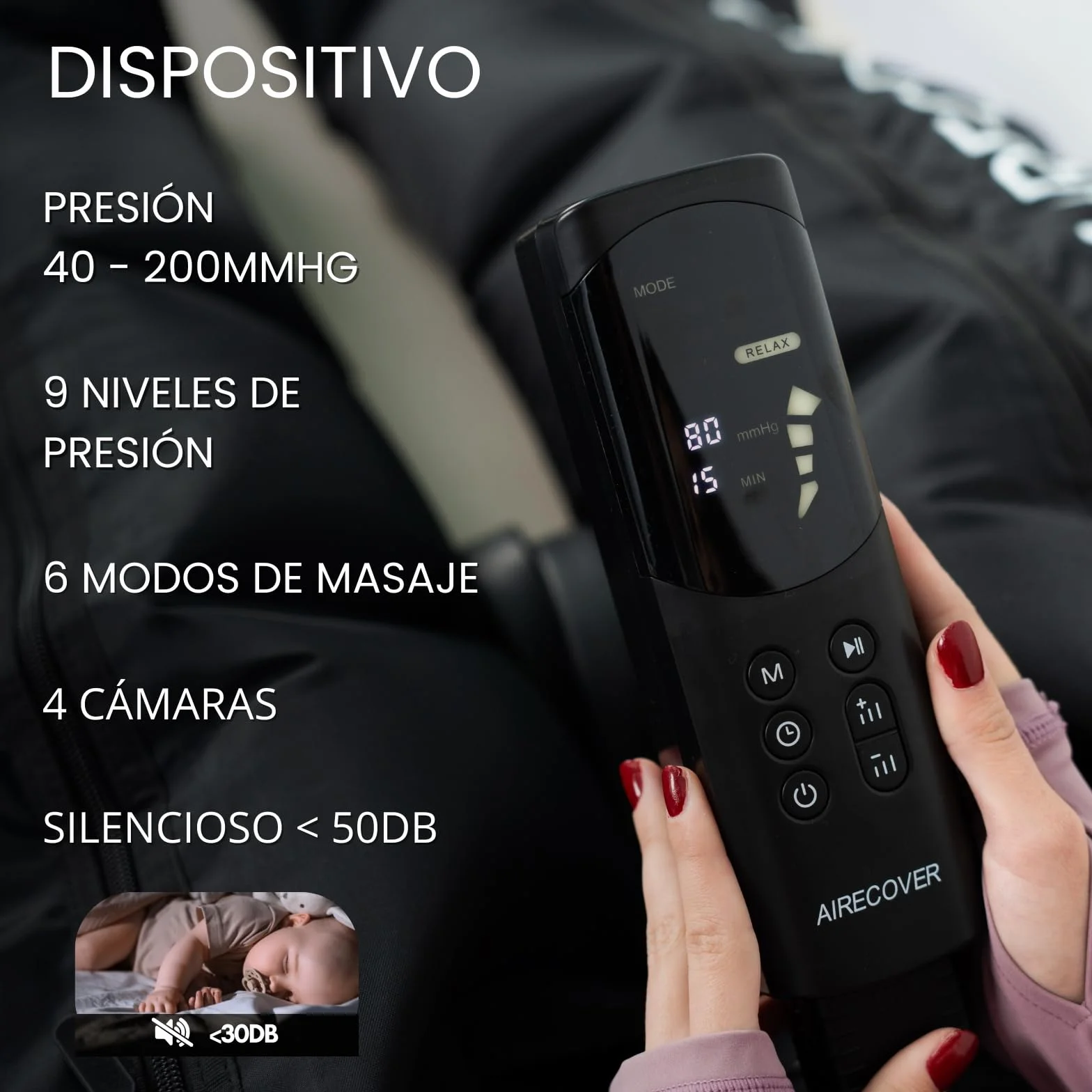 Presoterapia para Casa, Masajeador de Piernas y Pies 4 Cámaras de Aire, 6 Modos, 9 Niveles, 40-200 mmHg