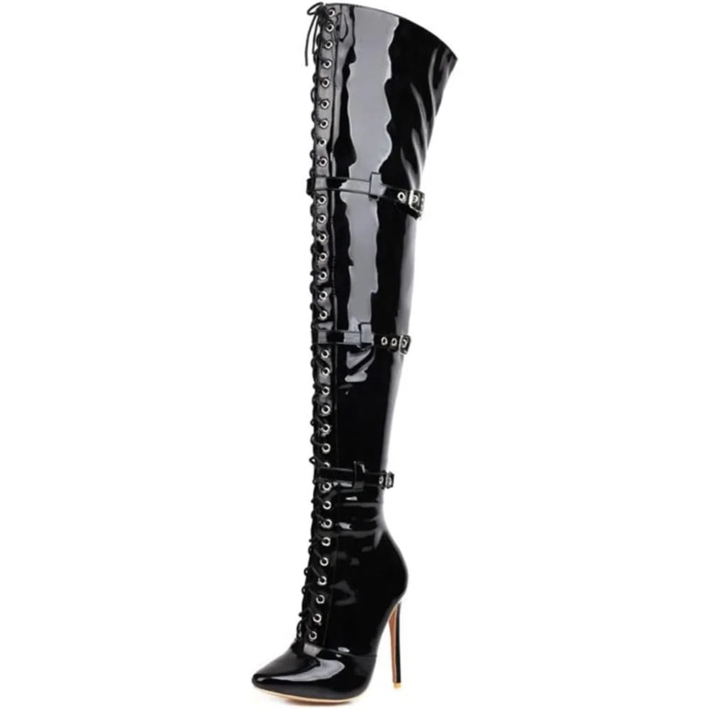 4.72 pulgadas Zapatos de tacón alto fetiche sexys grandes para mujer Zapatos de tacón alto finos con encaje de charol Cordones Botas hasta el muslo hasta la rodilla para motocicleta botines