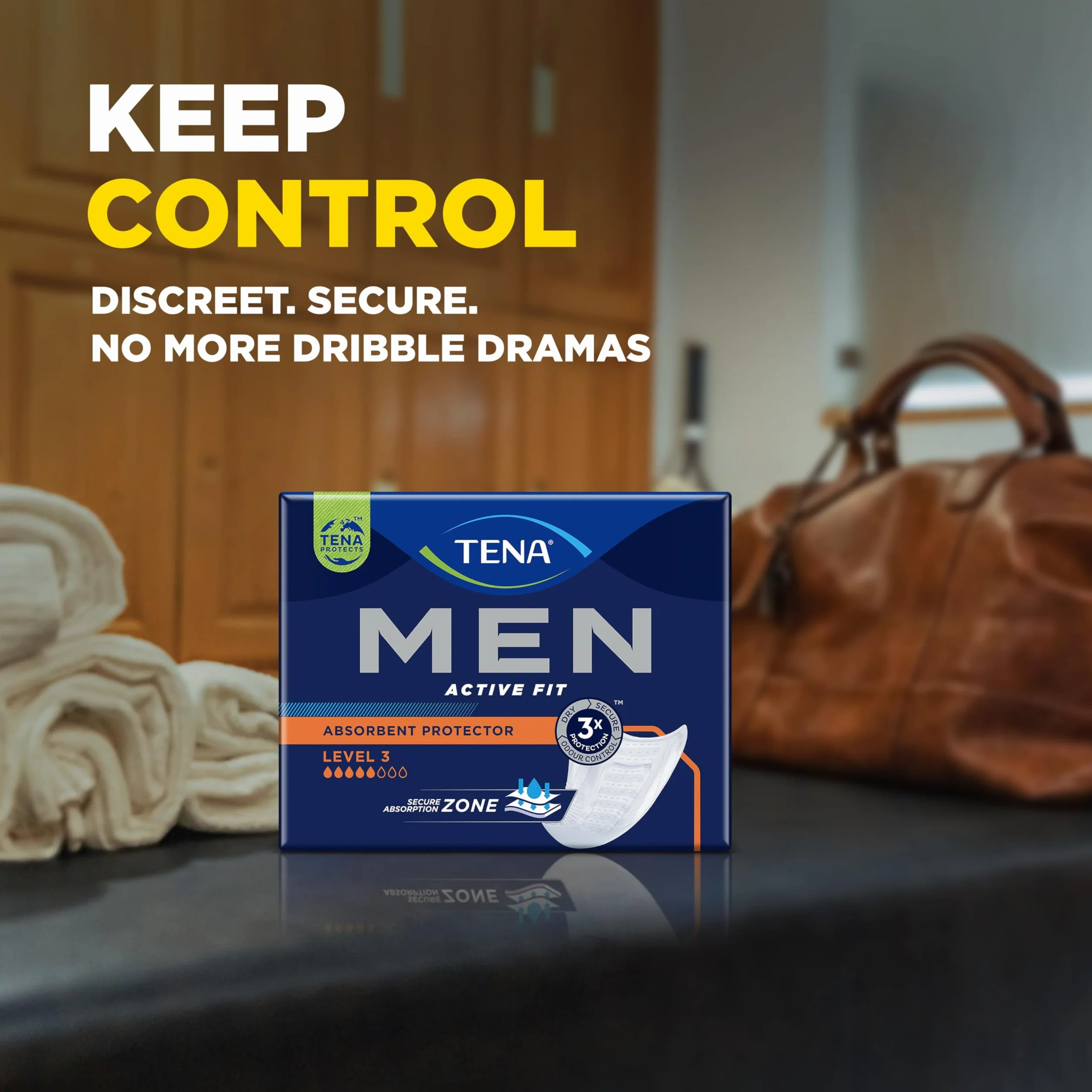 Tena Protector absorbente Active Fit para hombre, nivel 3, 6 paquetes de 16 (96 unidades)