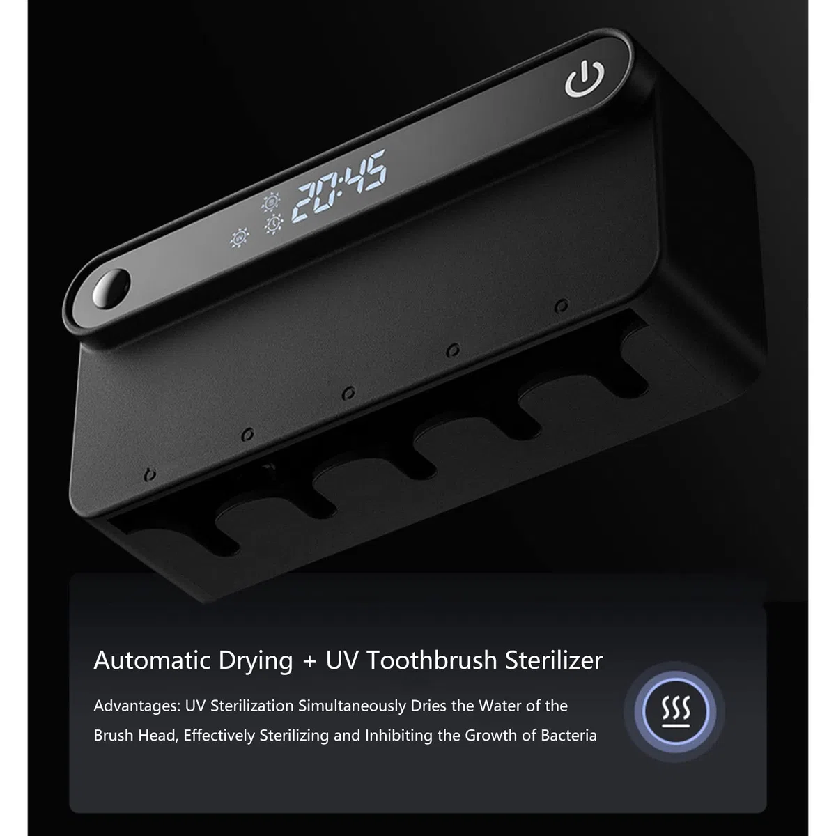 Esterilizador para cepillo de dientes con 5 soportes para cepillos de dientes y visualización de tiempo, recargable por USB, estuche desinfectante portátil montado en la pared para viajes y uso