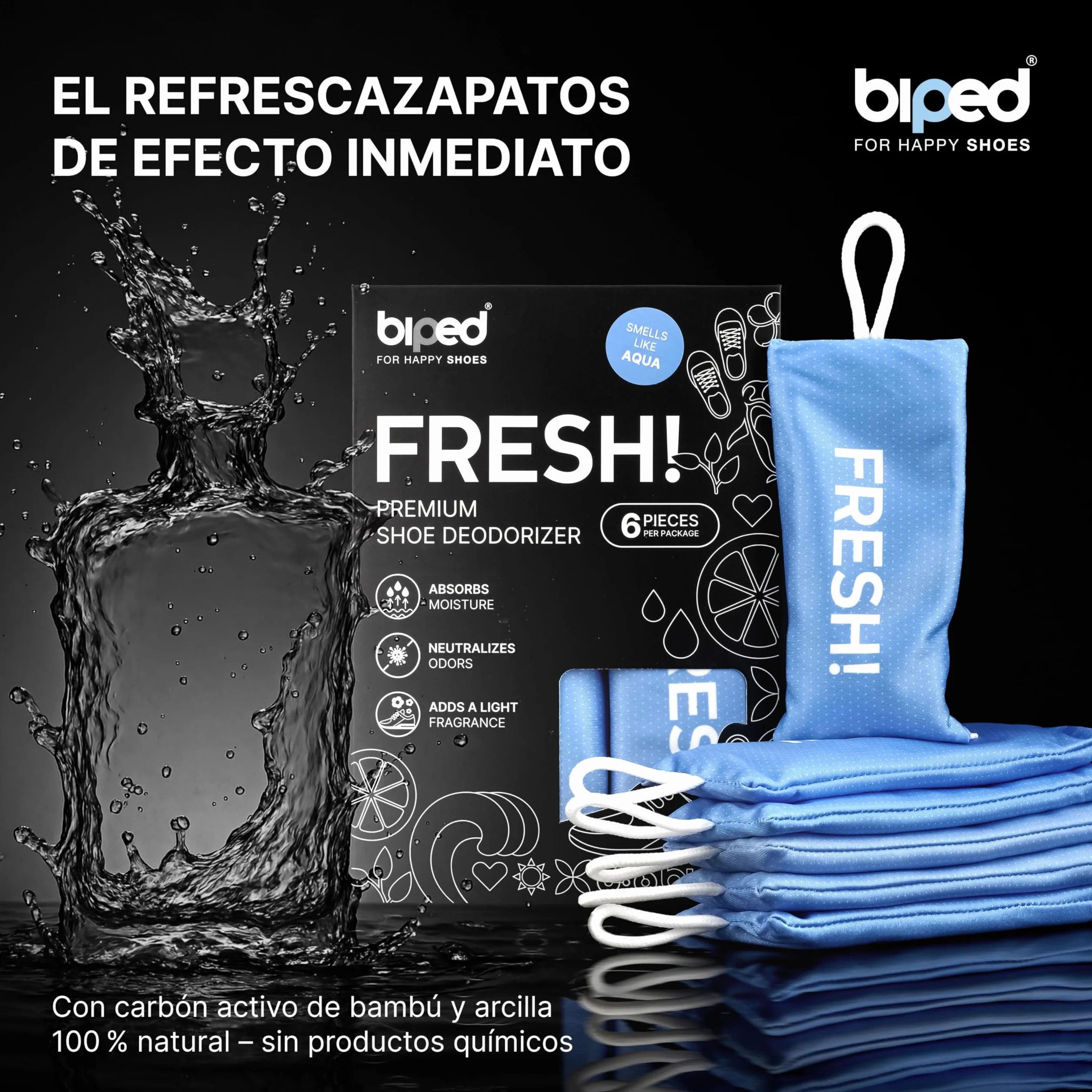 Biped FRESH! Desodorante Premium para Calzado – Cojín Aromático con Carbón de Bambú Activo – Elimina Olores y Sudor – 6 Piezas