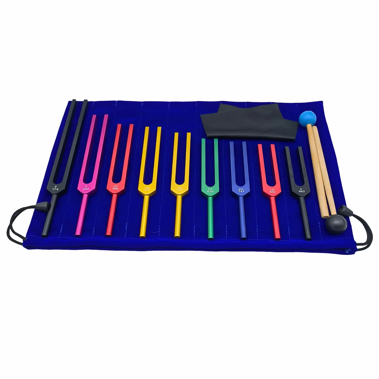 Diapasón Solfeggio, Set de 9 Diapasones de Colores en Aleación de Aluminio con 2 Martillos de Silicona, para Yoga y Relajación (174 Hz, 285 Hz, 396 Hz, 417 Hz, 528 Hz, 639 Hz, 741 Hz, 852 Hz, 963 Hz)