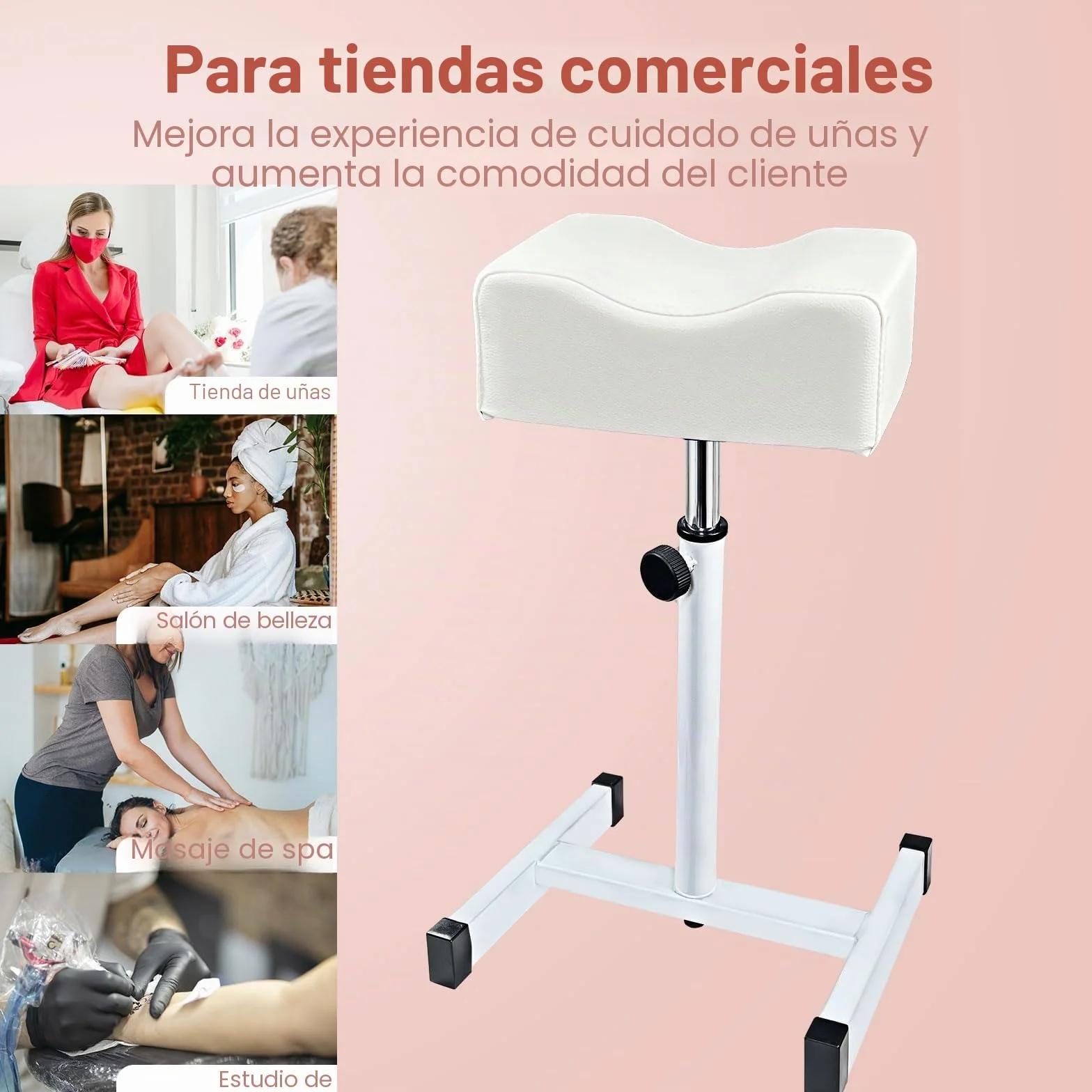 Taburete de pedicura ajustable en altura para salón de uñas, blanco