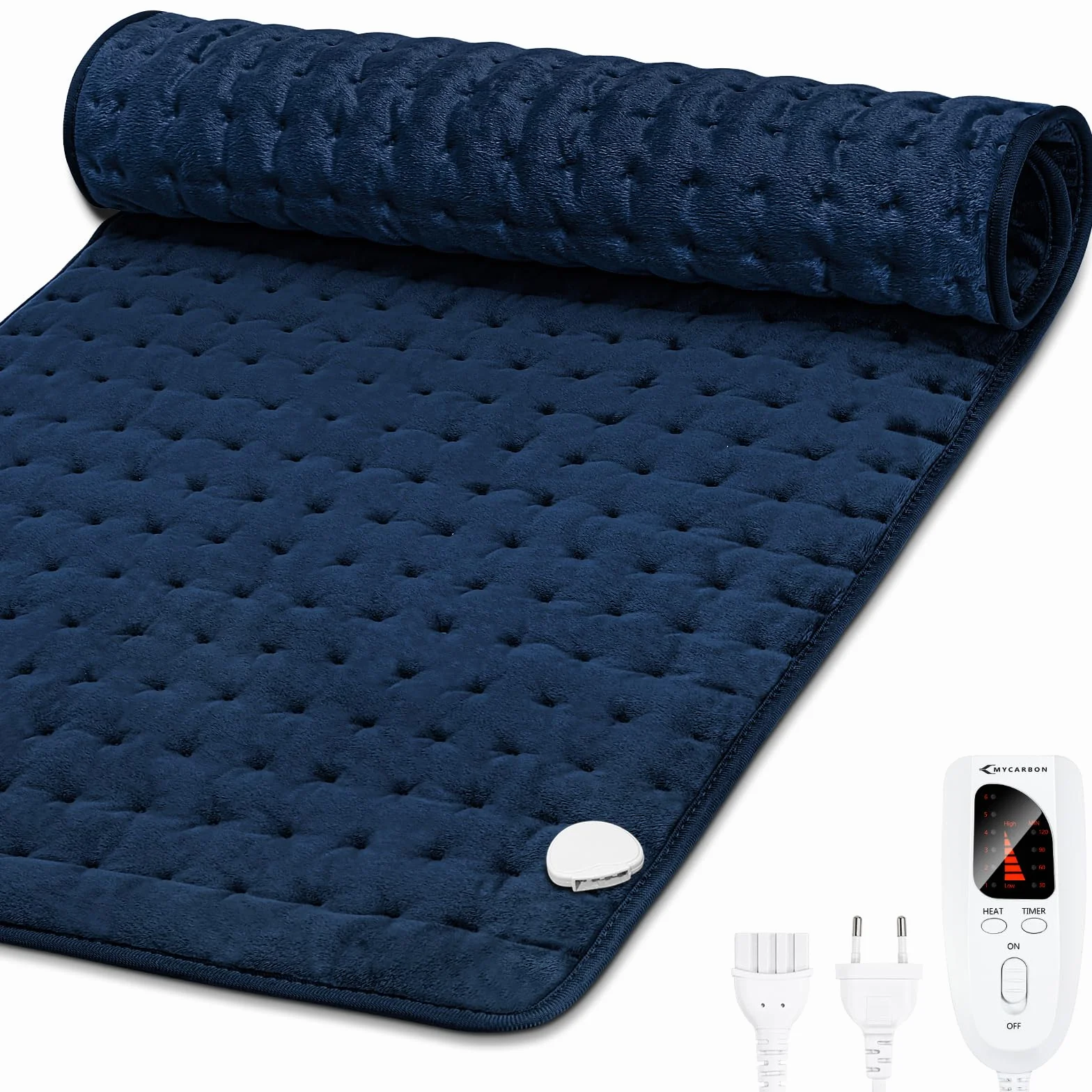 MYCARBON Manta Electrica 92x50cm 6 Temperaturas 4 Temporizadores Almohadilla Electrica para Aliviar el Dolor de Espalda Cuello Hombros Abdomen Piernas Brazos Tejidos Dobles Caras Lavable (Azul Oscuro)