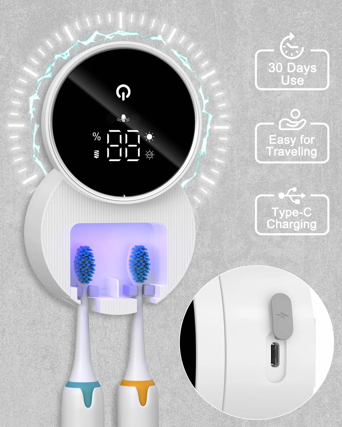 Desinfectante y soporte para cepillos de dientes UV, desinfectante para cepillo de dientes montado en la pared con función de esterilización y secado, pantalla inteligente LED, cubierta autoinductiva