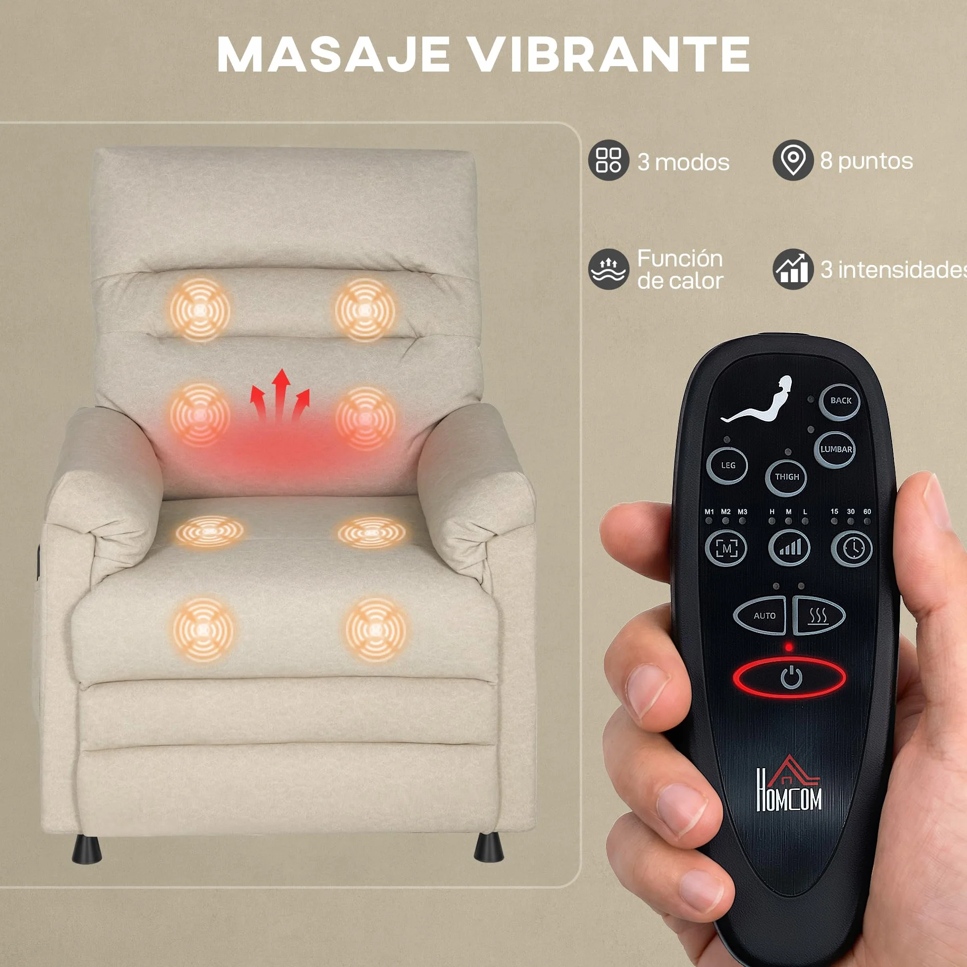HOMCOM Sillón Relax Reclinable Eléctrico con Calor Lumbar y Masaje Vibración, Beige