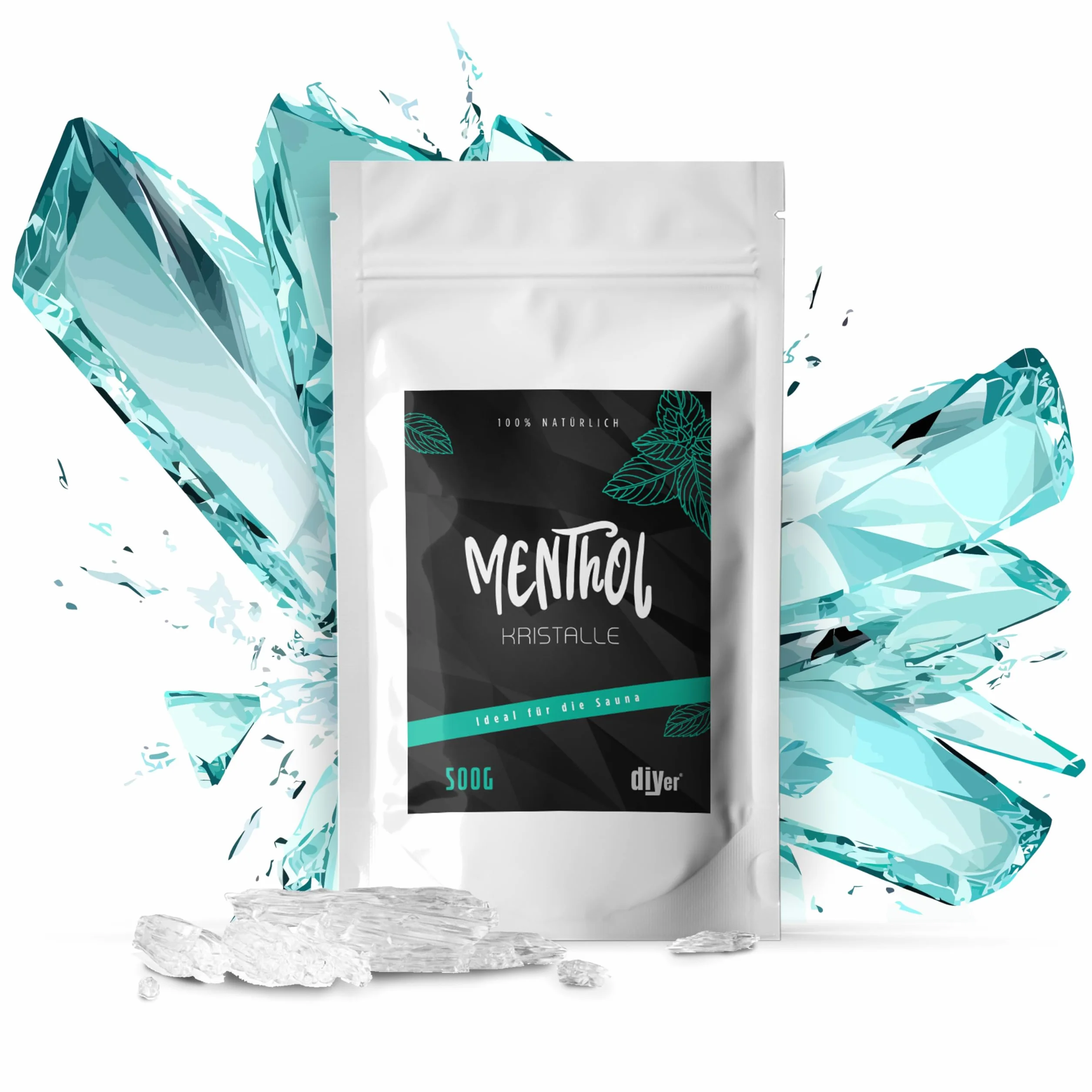Cristales de mentol de 500 g en una práctica bolsa con cremallera, certificado de calidad premium hecho de aceite de menta 100% puro, accesorio ideal para sauna