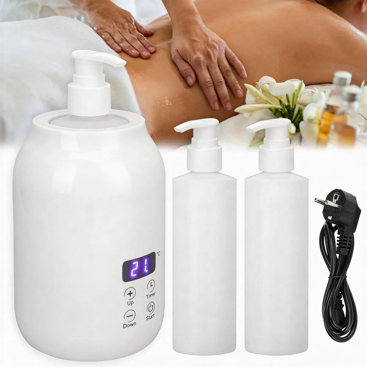 Calentador Aceite Masaje, Temperatura Ajustable 30-65 Grados Masaje de Bienestar Juego de Aceite de Masaje con 2 Botellas Internas de Plástico para Aceites Esenciales Masaje de Espalda