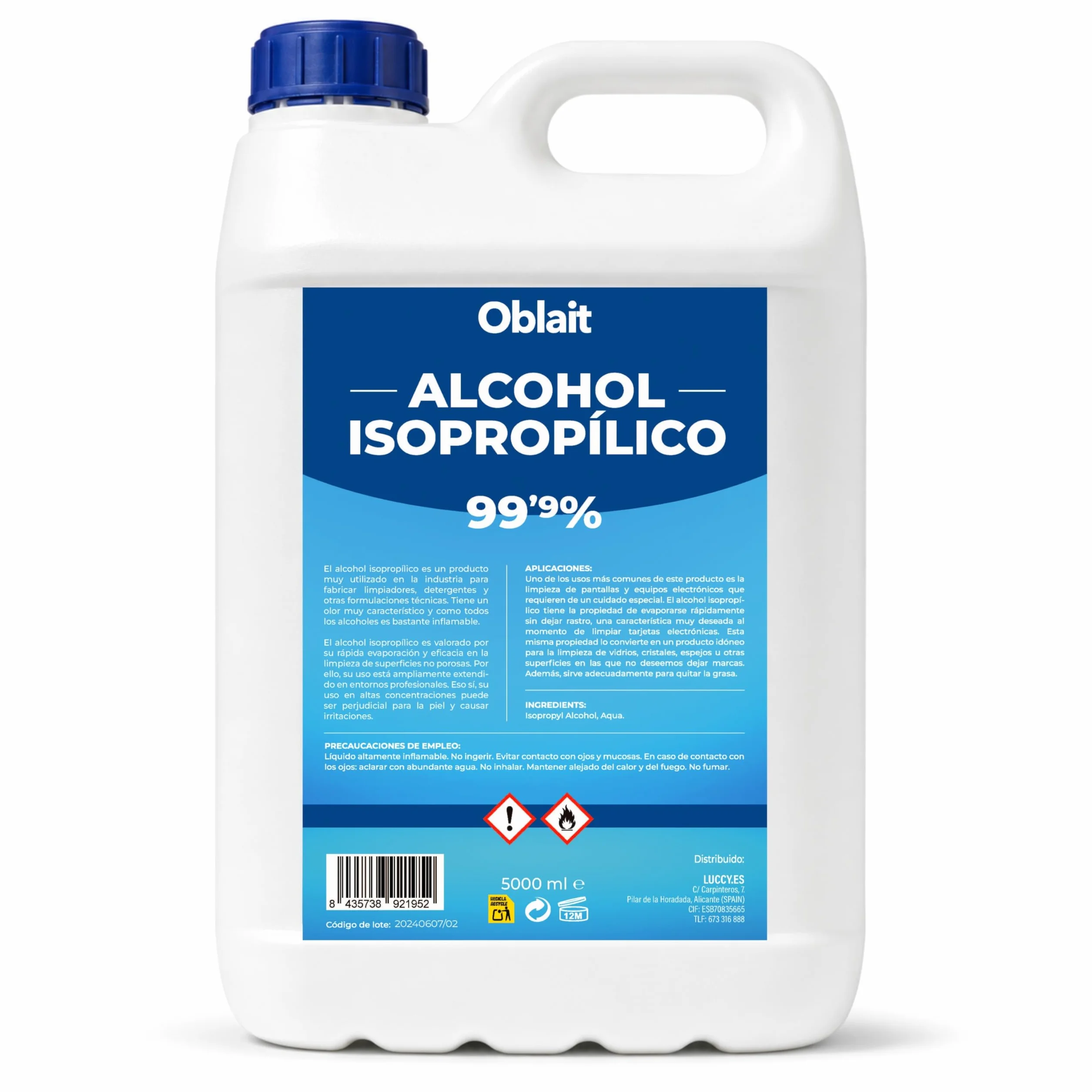 Alcohol Isopropílico 99,9% Puro 5L | Isopropanol | Limpieza de Componentes Electrónicos, Limpia Contactos, Objetivos, Superficies | Isopropyl Alcohol
