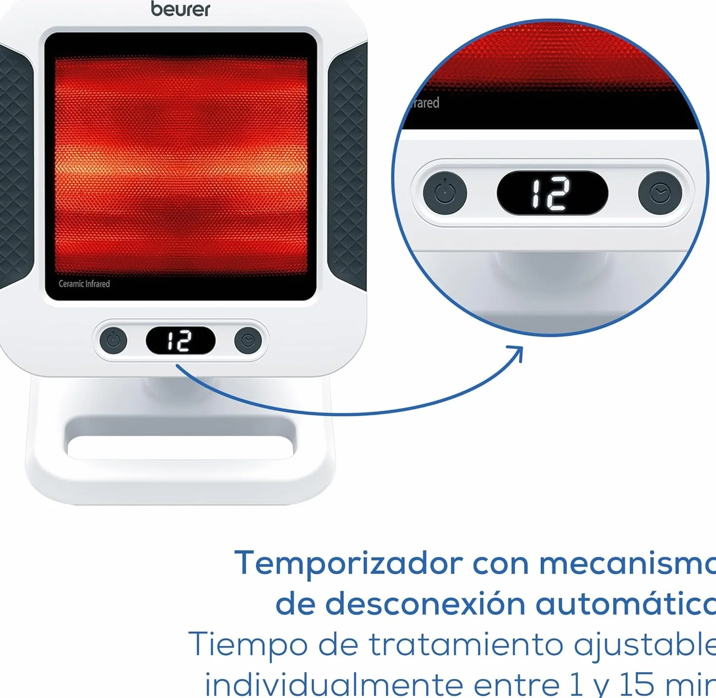 Beurer IL 60 Radiador de calor infrarrojo, calor calmante para resfriados y tensiones musculares, dispositivo médico con 300 vatios y temporizador, placa cerámica con protección UV, regulable