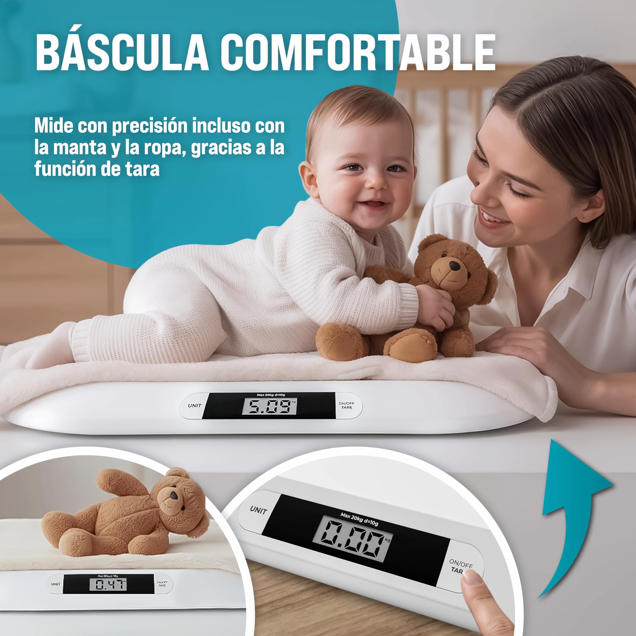 MONZANA Báscula Bebé Digital 20Kg Pantalla LED Apagado Automático Tara Retención Recién Nacidos Mascotas
