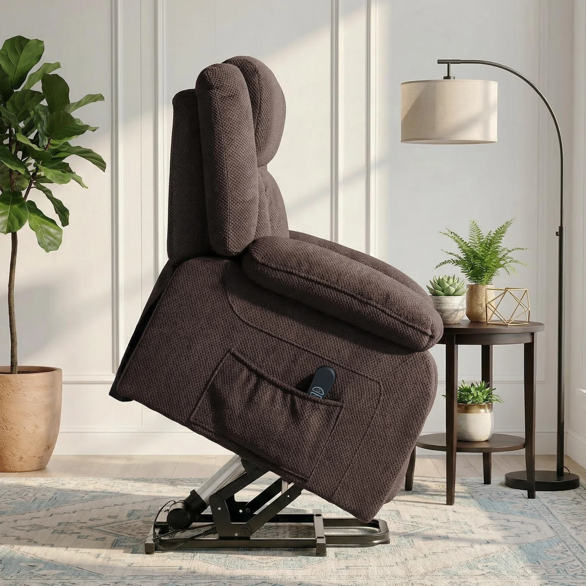 HOMCOM Sillón Relax Reclinable Eléctrico Levanta Personas con Puerto USB, Control Remoto, Asiento Ancho, Terciopelo, Marrón