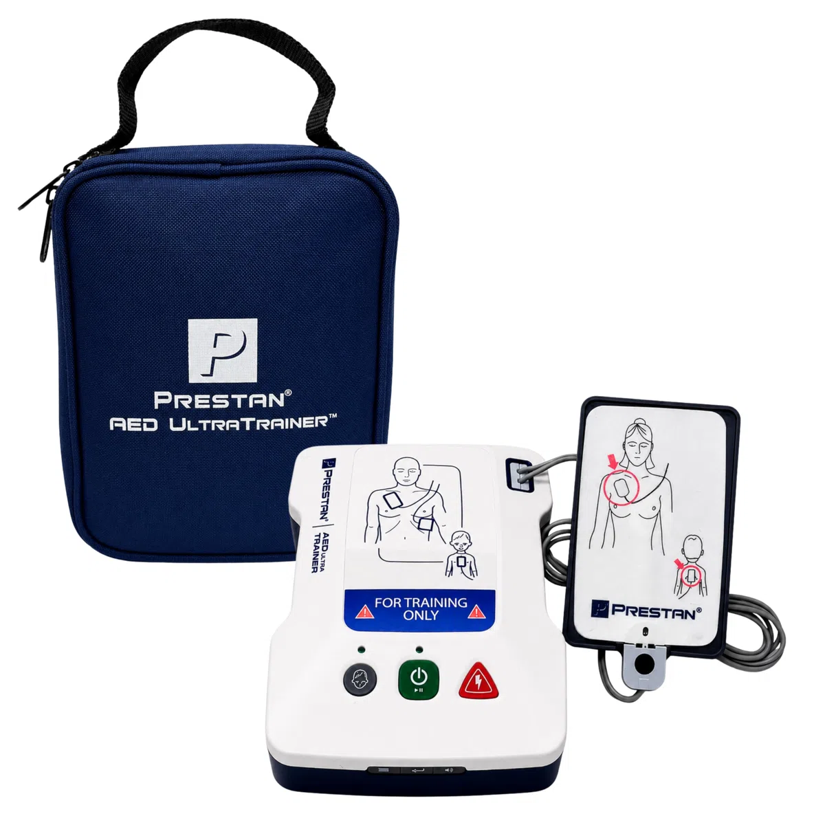 PRESTAN AED UltraTrainer unidad individual | Bilingüe inglés/español | Sistema de detección de parches | Entrenamiento para adultos y niños | Relación conmutable 15:2 y 30:2 | 5 escenarios