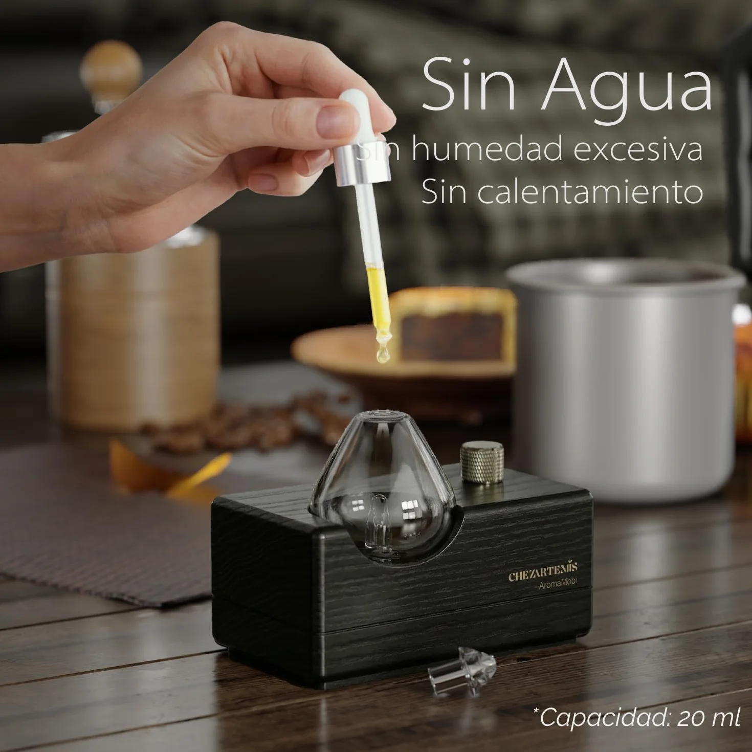 Black Obsidian Difusor Aceites Esenciales Sin Agua, Nebulizador Aromaterapia Vidrio Ahumado y Madera Negra, Ambientador Moderno Inalámbrico Recargable, Decoración artística para Hogar Oficina y Yoga