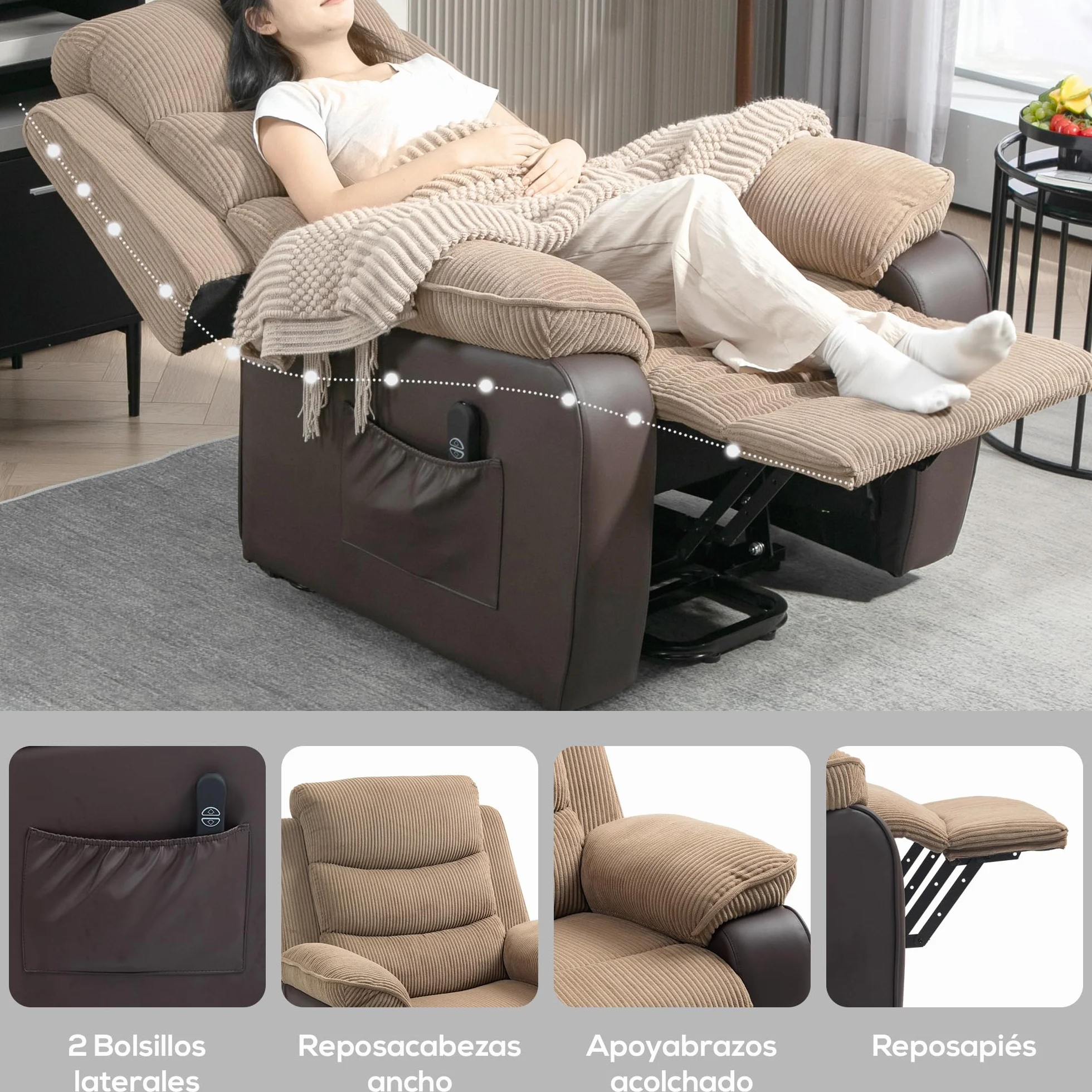 HOMCOM Sillón Relax Reclinable Eléctrico Levanta Personas, Sillón Elevador, con Puerto USB, Control Remoto, Marrón
