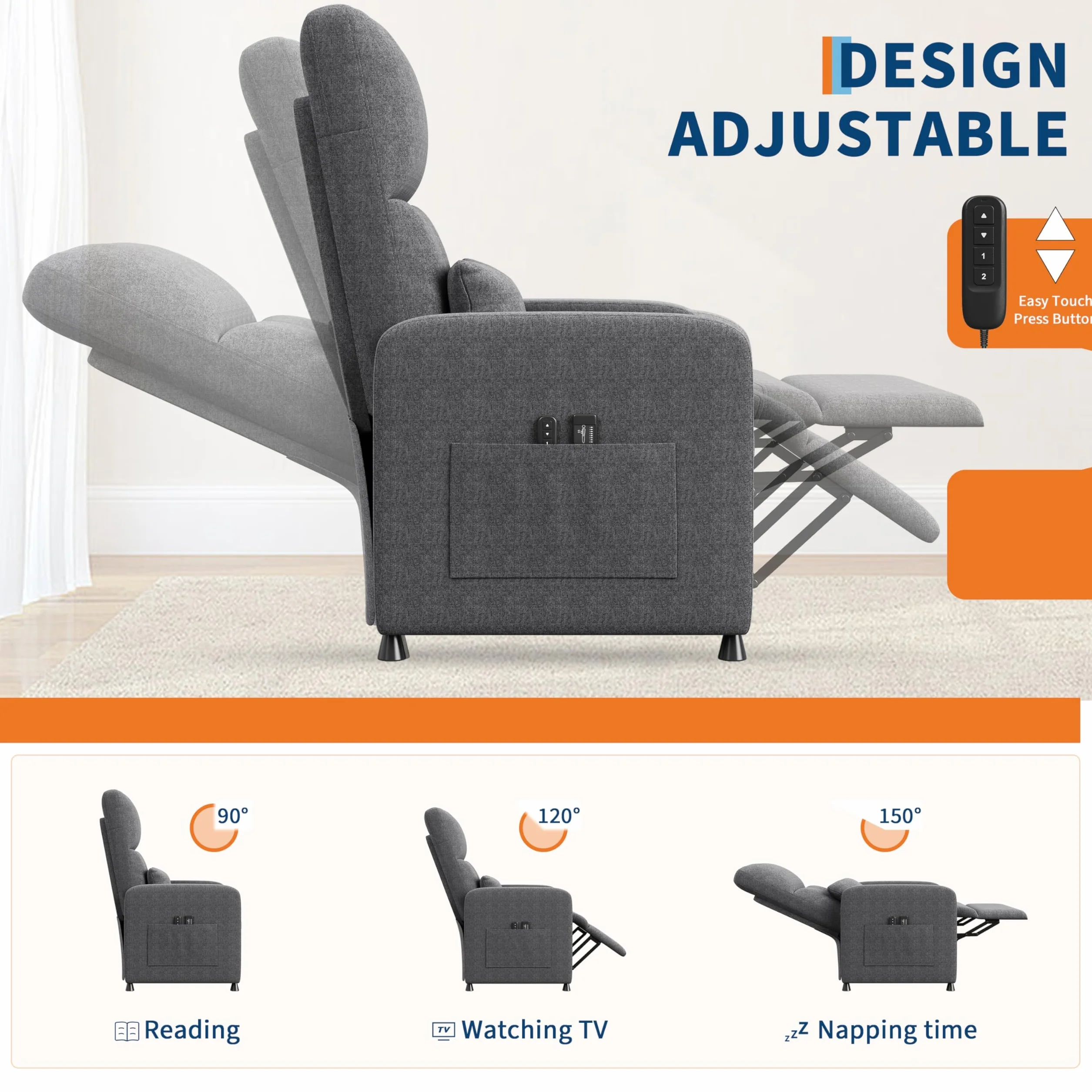 Sillón Eléctrico Reclinable con Masaje y Calor, Asiento de Lino, Respaldo y Reposapiés Ajustables 165°, Puerto USB, Soporte Lumbar