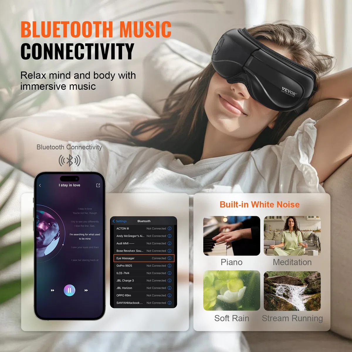 VEVOR Masajeador de Ojos con Calefacción 5 Modos y Música Bluetooth, Masajeador de Ojos Plegable de 180° para Fatiga Visual, Ojos Secos, Ojeras, Regalo Ideal para Mamá/Papá, Negro, 208 x 40 x 99 mm