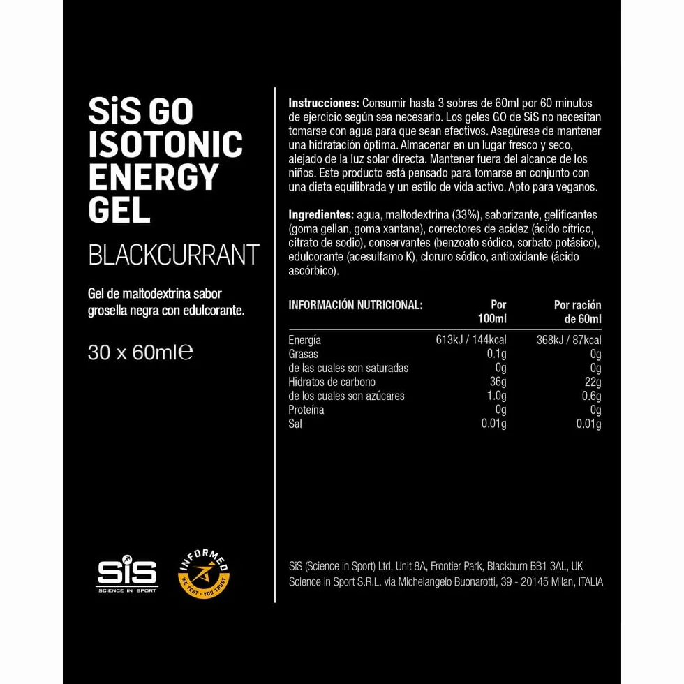 Science in Sport GO Isotonic Energy Gel Grosella negra 30x60ml Vegano 22g carbohidratos