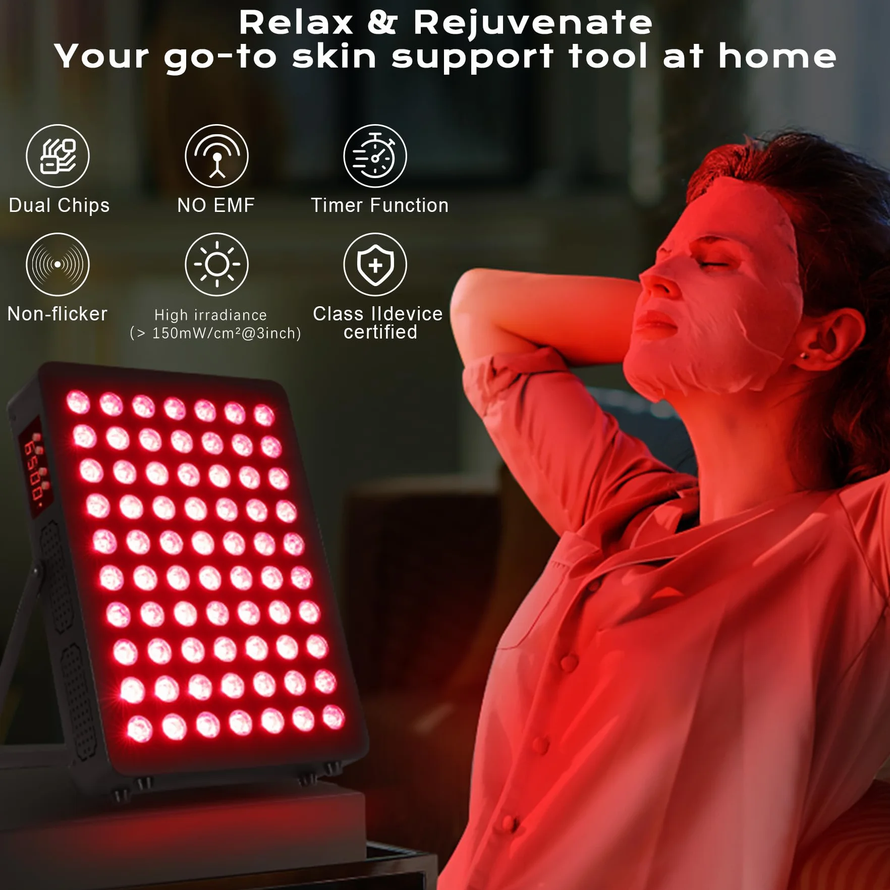 Luz Roja, Lámpara Infrarroja 660nm & 850nm, Lampara Luz Roja 120W Doble Chip 70 LEDs, con Temporizador y Soporte Ajustable, Red Light Therapy para Cara Y Cuerpo